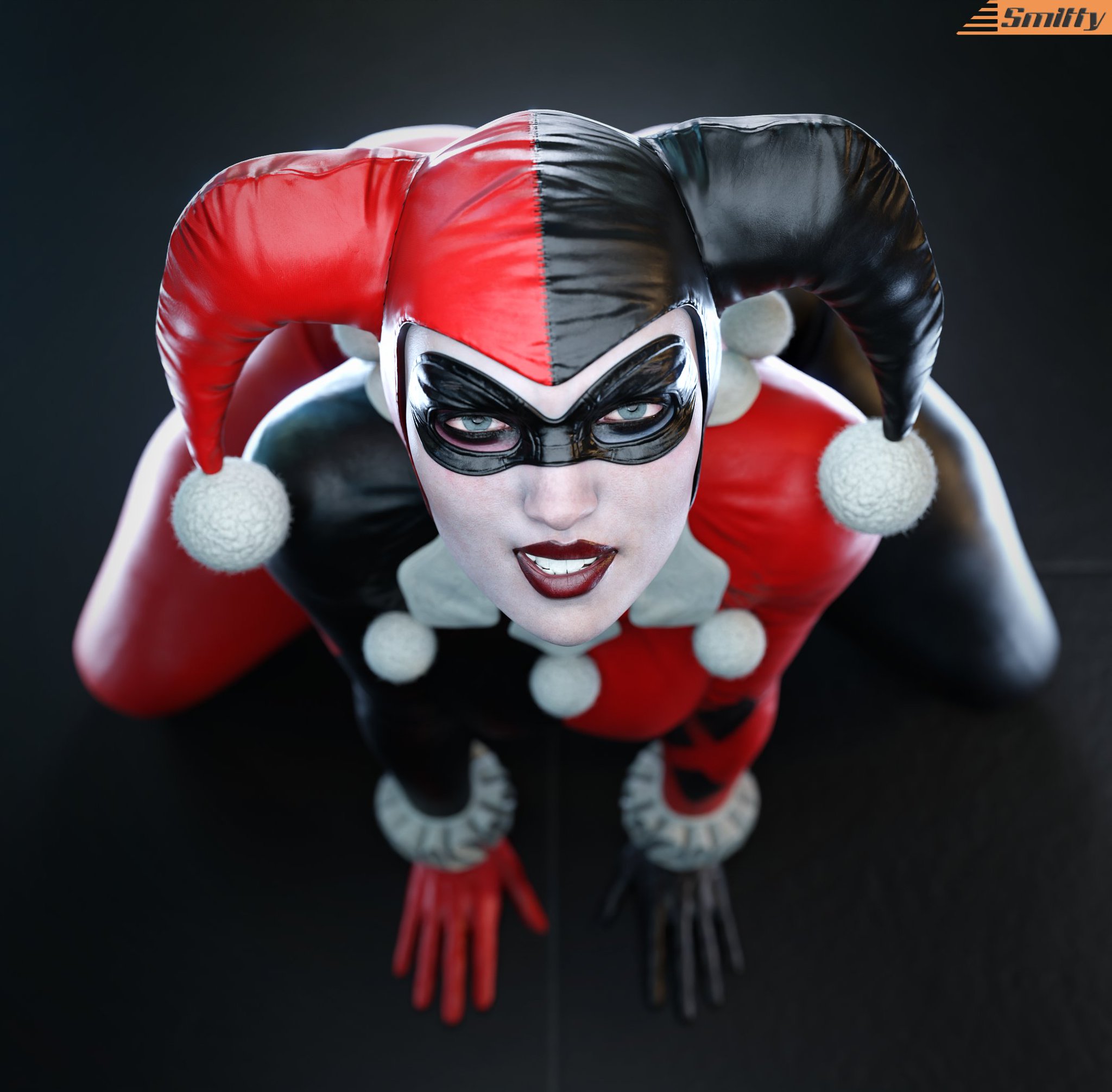 1girls, 3d, 3d (artwork), artist name, batman (series), batman: arkham knight, big breasts, bodysuit, breasts, clown, clown girl, clussy, dc, dc comics, female, female only, harley quinn, harley quinn (classic), harley quinn (injustice), high-angle view, injustice 2, jester, jester cap, jester costume, jester girl, jester hat, jester outfit, looking at viewer, looking up, on knees, smitty34, solo, solo female, thick thighs, villain, villainess