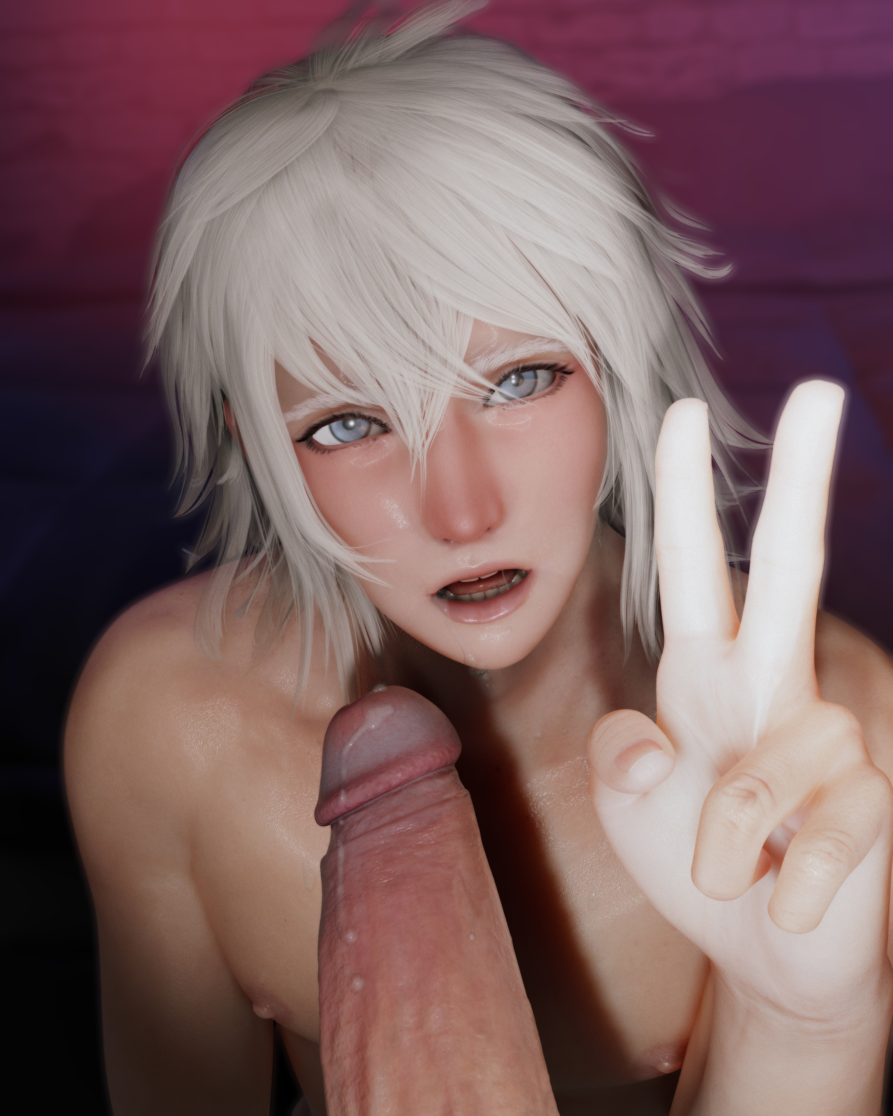 blackmail, blender, blender eevee, blue eyes, blush, cock, cum, cum drip, cum on body, cum on face, hi res, highres, huge cock, large penis, led light, looking at camera, looking at viewer, lucsorola, male, male breasts, male focus, male only, male pov, messy, messy hair, muscular male, nier, nier (character), nier (series), nier replicant, nipples, open mouth, peace sign, pecs, pectorals, penis, photo, pov crotch, saliva on face, saliva trail, scenario, solo male, sweat, sweating, sweaty body, taking picture, tanned skin, tongue, white hair