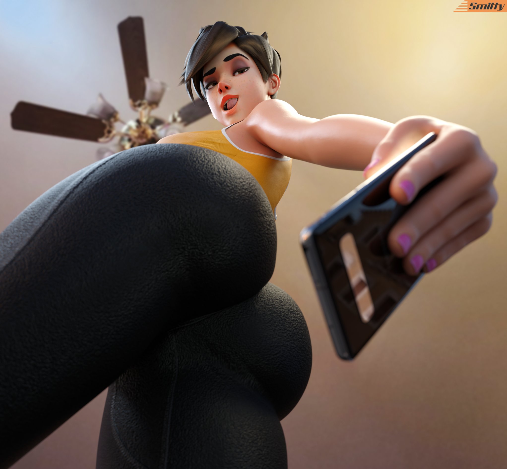 1girls, 3d, activision, ass, big ass, big breasts, blizzard entertainment, breasts, digital media (artwork), eyeshadow, fat ass, female, female only, full color, fully clothed, huge ass, large ass, leggings, lena oxton, licking own lips, light skin, light-skinned female, low-angle view, no penetration, overwatch, overwatch 2, painted nails, phone, pink nails, selfie, shirt, sleeveless, smartphone, smitty34, solo, taking picture, thick thighs, tracer, viewed from below