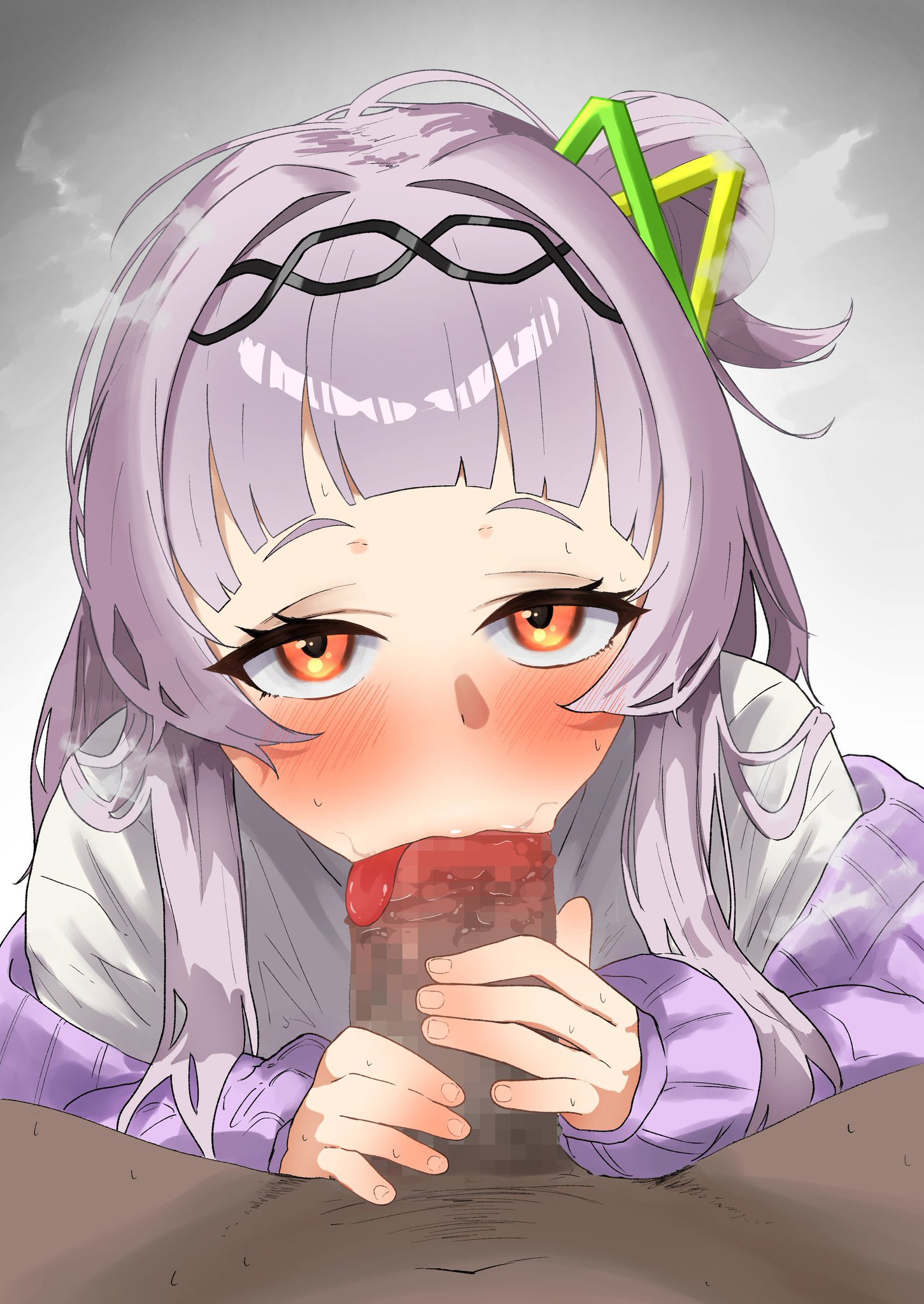 1boy, 1girls, blowjob, blush, censored, clothed female nude male, dark skin, dark-skinned male, fellatio, female, grey hair, hair bun, hololive, hololive gen 2, hololive japan, light skin, light-skinned female, looking at viewer, male, male pov, mosaic censoring, murasaki shion, orange eyes, panda ring, penis, pov, virtual youtuber