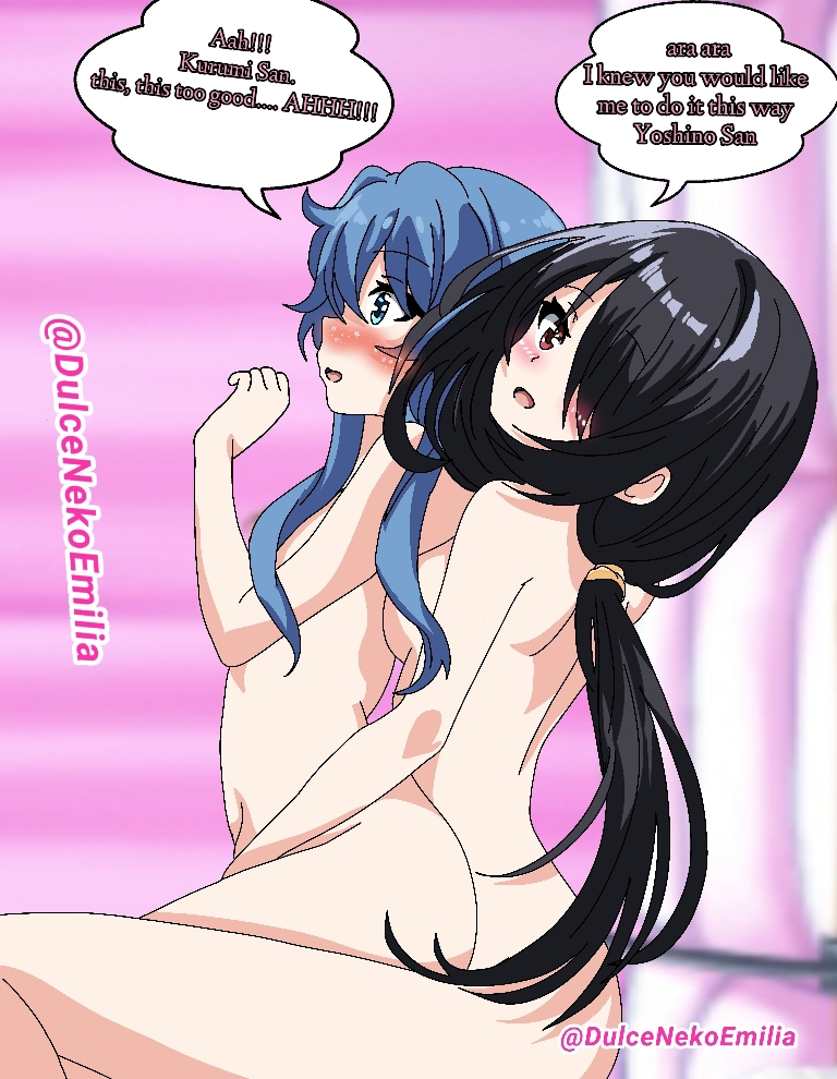 2girls artist_name ass black_hair blue_eyes blue_hair breasts date_a_live dulcenekoemilia female female_only himekawa_yoshino light-skinned_female multiple_girls naked naked_female red_eyes text text_bubble tokisaki_kurumi yuri