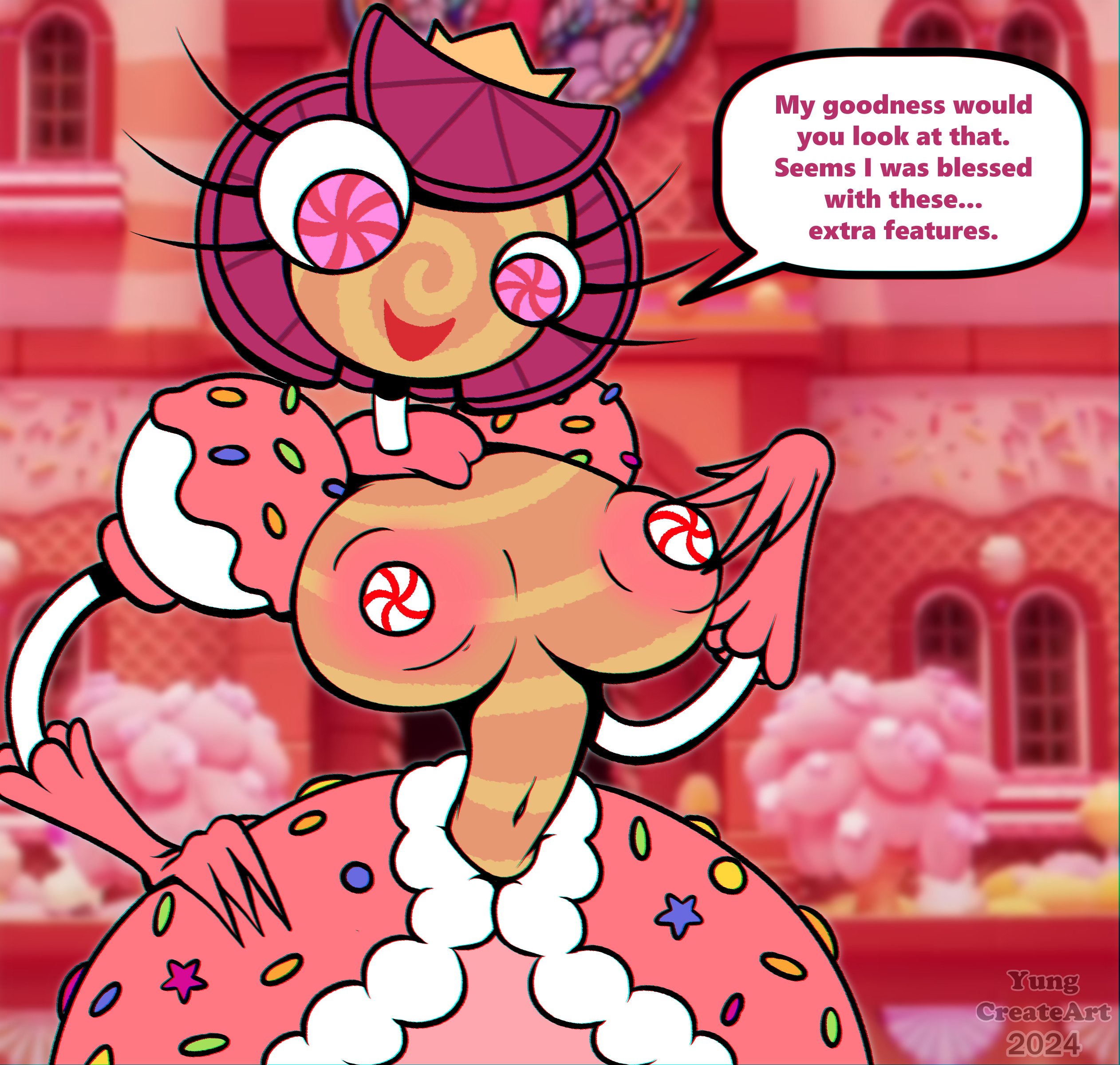 1girls, alternate version available, big breasts, breasts, candy, candy girl, english text, exposed breasts, female, female focus, glitch productions, humanoid, nipples, non-mammal breasts, pink hair, princess loolilalu, speech bubble, text, the amazing digital circus, yungcreateart
