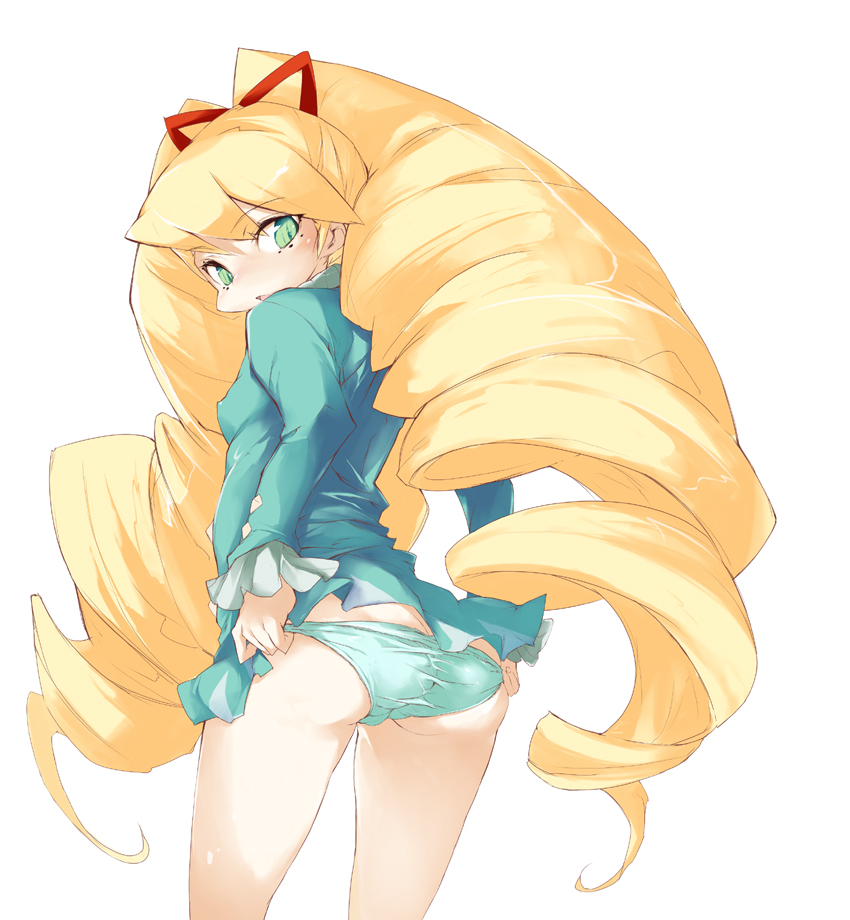 blonde_hair blue_panties blush capcom clothing dressing drill_hair green_eyes looking_back luna_platz mega_man mega_man_star_force no_legwear panties pulp_piroshi rockman ryuusei_no_rockman shirogane_luna shooting_star_rockman skirt smooth_skin underwear upskirt