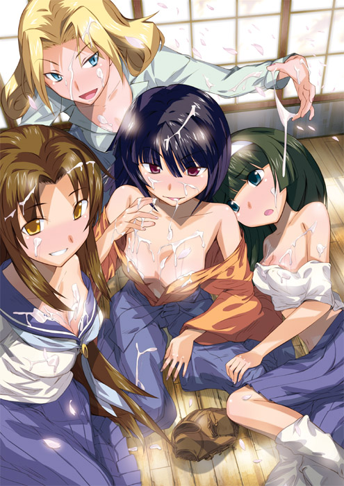 4girls bangs blonde_hair blunt_bangs blush breasts brown_hair bukkake cleavage cum cum_on_body cum_on_breasts cum_on_upper_body female female_only green_hair hakama ishigaki_tamaki large_breasts long_skirt multiple_girls naughty_face ogasawara_akiko princess_spirit school_uniform skirt smile souya_yuki taishou_yakyuu_musume undressing