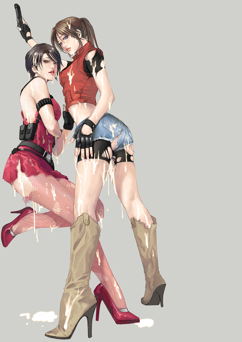 2010 ada_wong ada_wong_(caroline_ribeiro) ass black_hair blue_eyes boots brown_hair bukkake capcom claire_redfield cum cum_on_body cum_on_clothes cum_on_hair cum_on_lower_body dbd dead_by_daylight denim denim_shorts facial female female_only firearm fishnets grey_background gun handgun high_heels legs lips midriff multiple_girls resident_evil resident_evil_2 semiautomatic shoes shorts straight_hair sww13 torn_clothes weapon