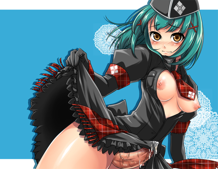 1futa areolae armband blush bottomless_skirt breasts cum cum_on_clothes curvy dress dutch_angle embarrassed erect_nipples erection erection_under_clothes erection_under_skirt frills futa_only futa_sans_balls futanari garrison_cap gloves green_hair hat healer_(armor) healer_u intersex lace medium_breasts monster_hunter necktie nipples no_bra no_panties open_clothes open_shirt penis penis_out penis_under_clothes penis_under_skirt plaid pochi_(pochi-goya) precum precum_drip shirt short_hair skirt skirt_lift solo solo_futa tenting uncensored veins veiny_penis yellow_eyes