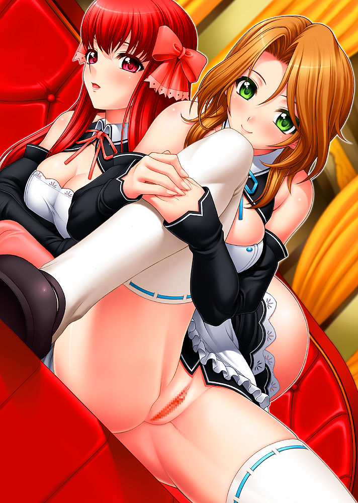 amane_(dream_c_club) censored dream_c_club female female_only futaba_riho miyagi_yasutomo multiple_girls no_panties pussy red_hair smile thighhighs