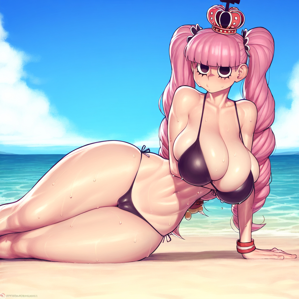 1girls, ai generated, bare arms, bare legs, bare shoulders, bare thighs, big breasts, bikini, bikini bottom, bikini top, black eyes, blush, breasts, breasts bigger than head, ccgai, clothed, clothing, color, female, female focus, female only, hi res, large breasts, light skin, light-skinned female, long hair, looking at viewer, massive breasts, one piece, perona, pink hair, pink-haired female, shounen jump, solo, solo female, tagme, thick thighs