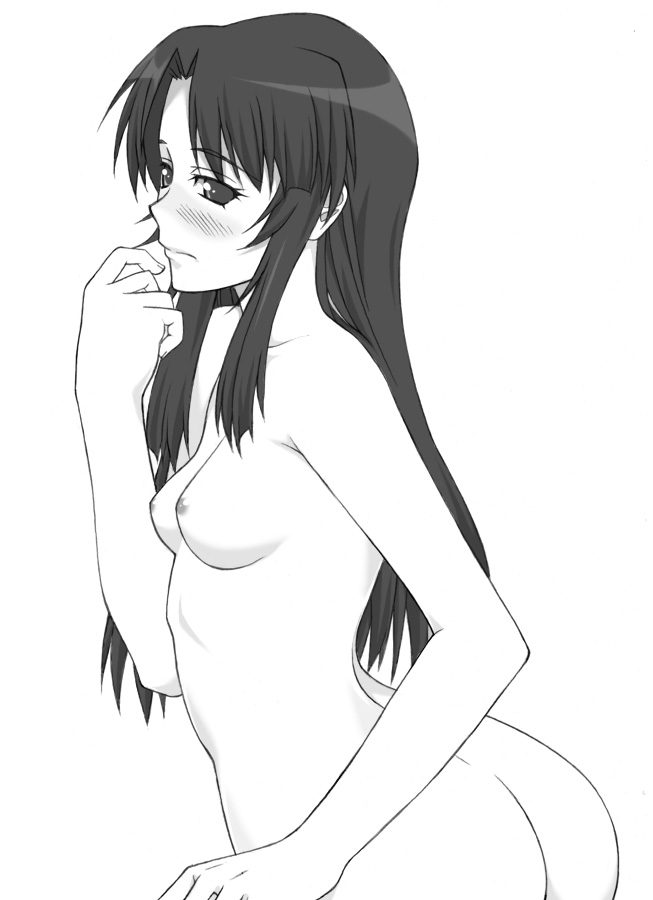 blush breasts kashiwagi_chizuru kizuato long_hair monochrome nude pointy_chin shichimenchou simple_background