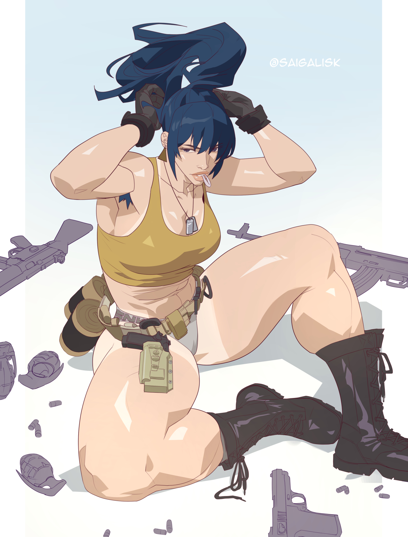 armpit hair, armpits, belt, clothing, female, female only, firearm, footwear, gun, handgun, handwear, human, king of fighters, leona heidern, pale skin, saigalisk, snk, solo, tan skin, tank top, weapon