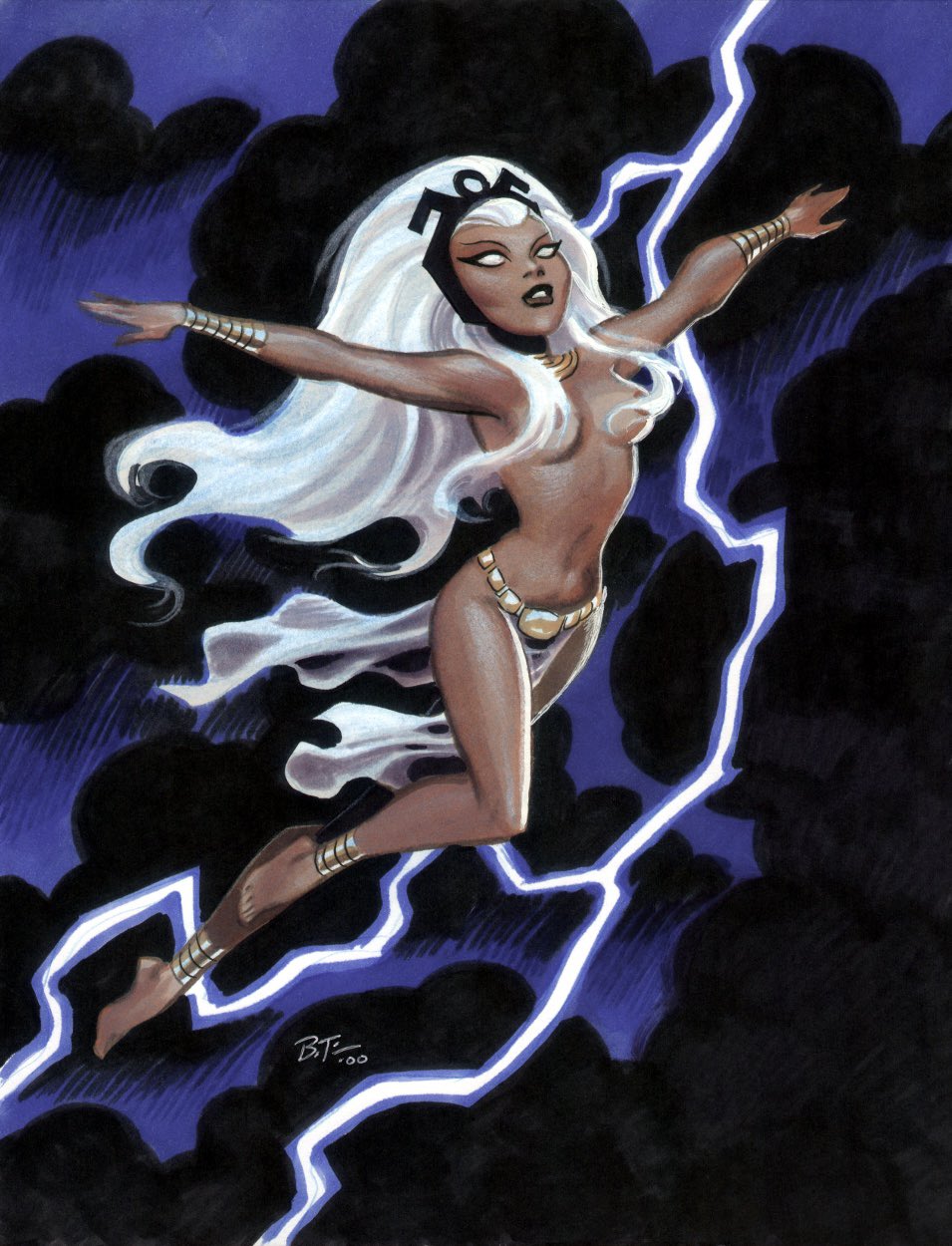 1woman 2d_(artwork) belly_button black_lips boobs breasts brown_body bruce_timm color flying lightning lips long_hair_female marvel_comics storm_(x-men) tits white_hair_female x-men