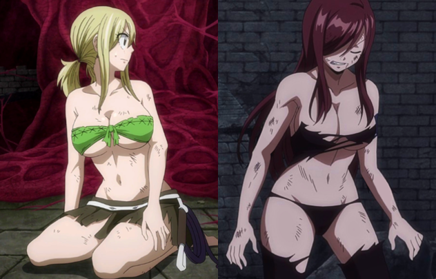 2girls anime anime_screencap big_breasts black_thong blonde_hair brown_eyes busty_female cleavage erza_scarlet fairy_tail fanservice female female_only half_naked hiro_mashima lucy_heartfilia multiple_girls red_hair ripped_clothing sexy sexy_body short_skirt thong waifu