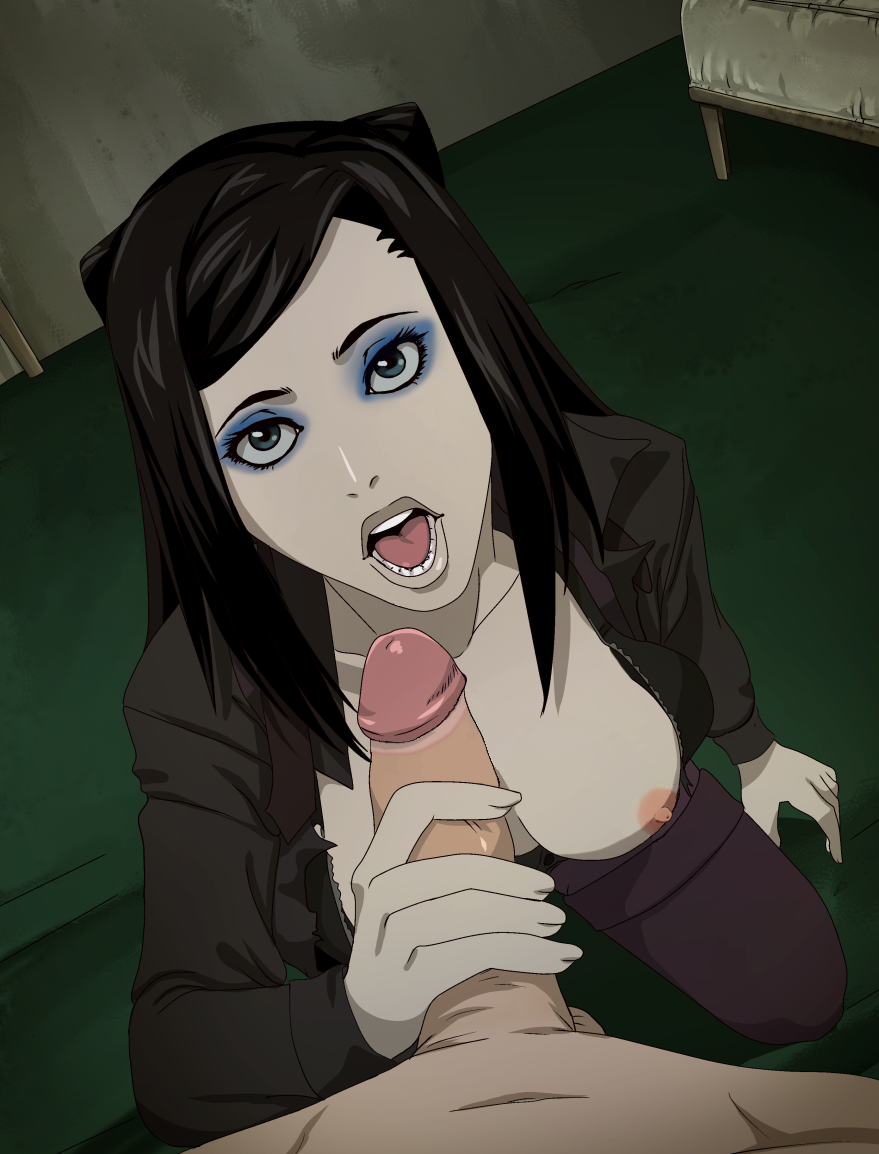 1boy 1girls artist_request black_hair blue_eyes breasts breasts_out circumcision_scar ergo_proxy handjob nipples pale_skin penis re-l_mayer straight uncensored vincent_law