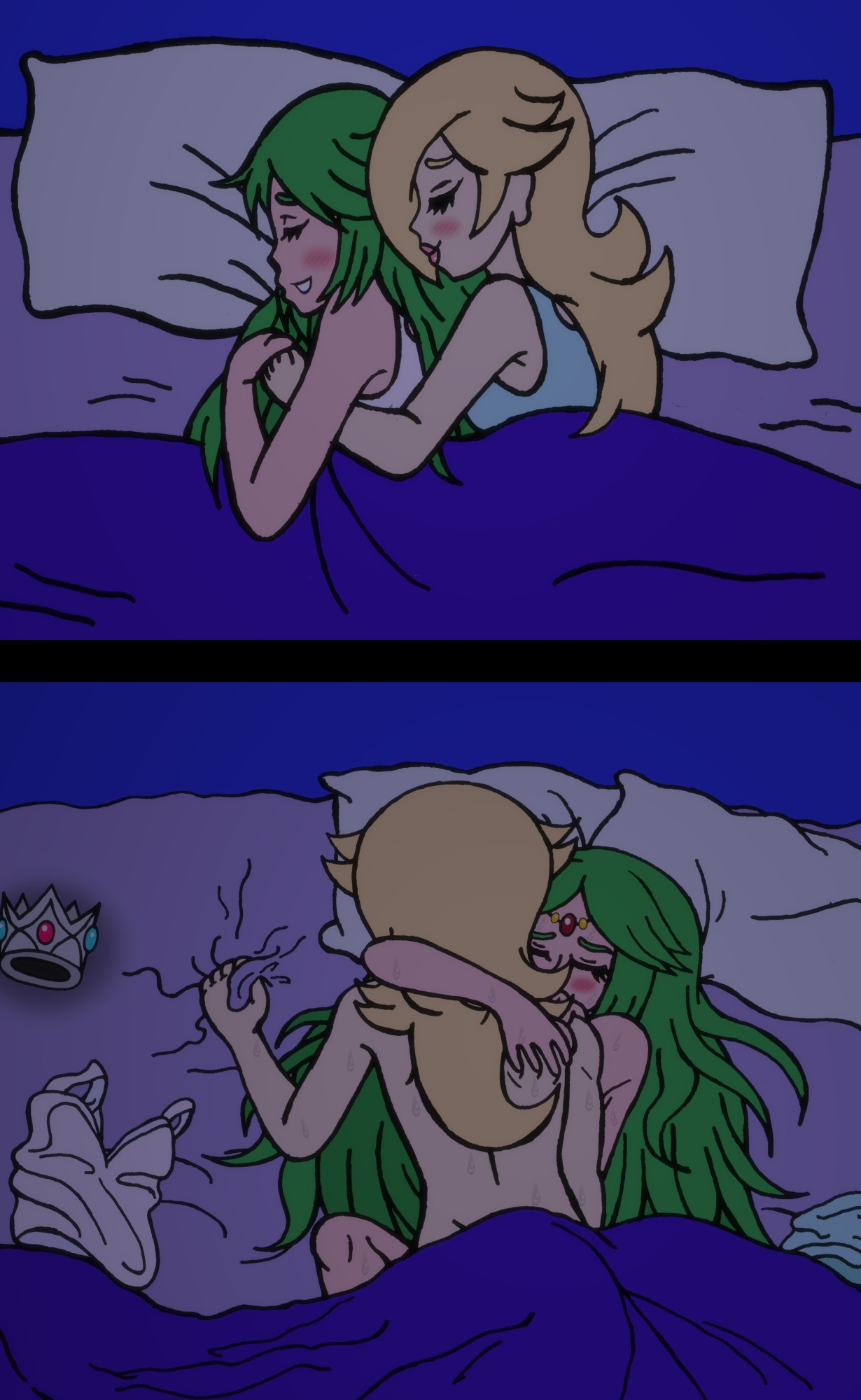 2girls, bed, breasts, dcb2art, female, kid icarus, mario (series), nude, palutena, princess rosalina, sex, tagme, yuri