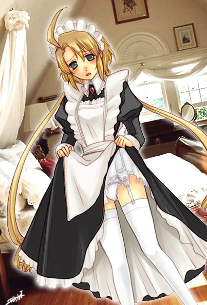 bed blonde_hair blush eternal_sonata garter_belt garters green_eyes maid panties polka thighhighs tied_hair trusty_bell twintails underwear window