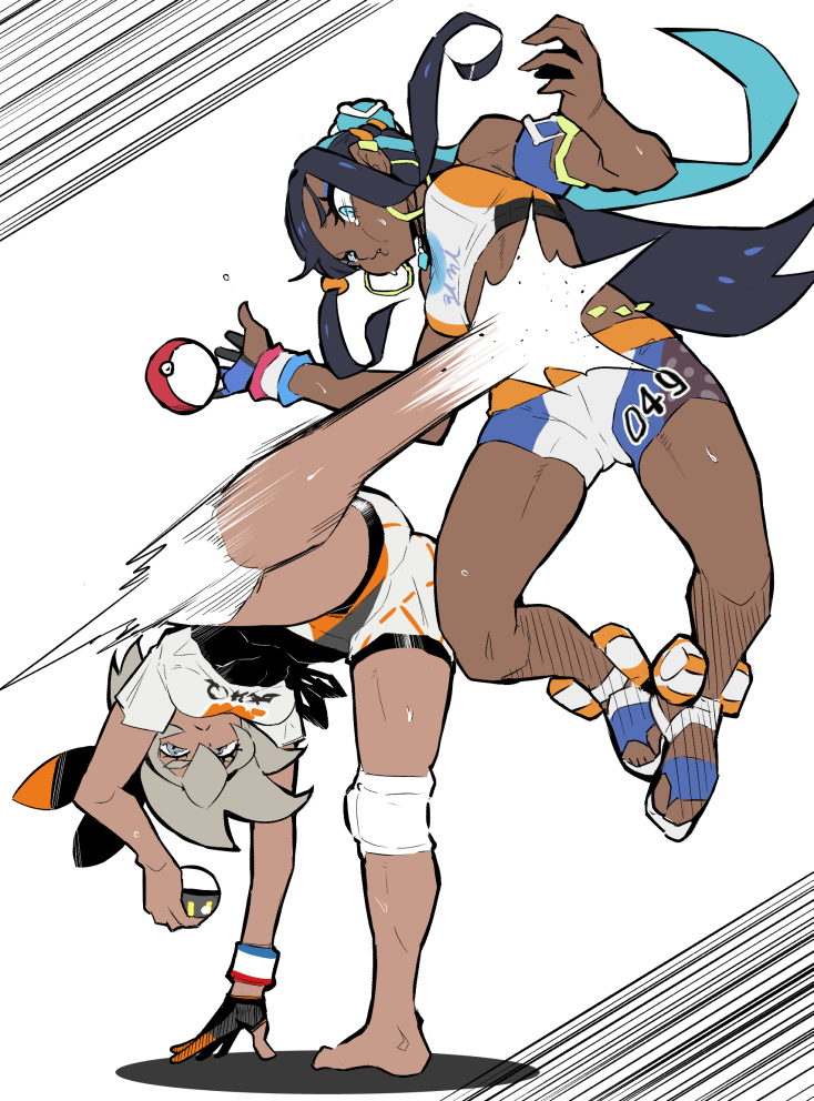 2girls aqua_eyes aqua_hair barefoot bea_(pokemon) bike_shorts bikini black_bodysuit black_hair bodysuit bodysuit_under_clothes breasts catfight creatures_(company) dark-skinned_female dark_skin game_freak gloves grey_hair gym_leader hair_bun kicking knee_pads long_hair medium_breasts motion_blur multicolored_hair multiple_girls nessa_(pokemon) nexas nintendo pain partially_fingerless_gloves poke_ball poke_ball_(basic) pokemon pokemon_swsh sandals short_hair single_hair_bun swimsuit tankini two-tone_hair ultra_ball upside-down