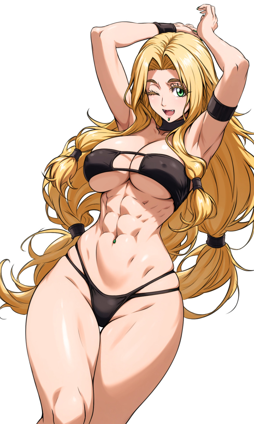 abs athletic_female aztec black_bikini blonde_female emerald_eyes fate/grand_order fate_(series) goddess green_nails large_breasts looking_at_viewer open_smile quetzalcoatl_(fate) straight white_background wide_hips zantyarz