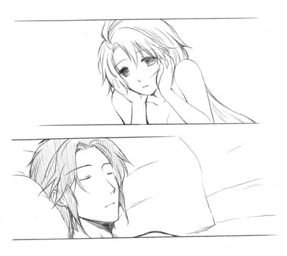 age_difference comic eternal_sonata female frederic_chopin frã£â©dã£â©ric_chopin frã©dã©ric_chopin lowres male monochrome polka sleeping source_request trusty_bell