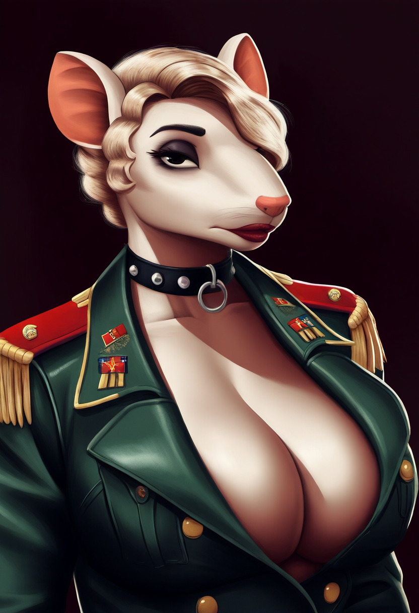 ai_generated anthro anthro_female blonde_hair blue_eyes cleavage cleavage_overflow collar curly_hair eyeshadow female_focus female_only furry_female furry_focus giant_breasts large_breasts lipstick looking_at_viewer mature_female military_uniform opossum possum rodent russian short_hair soviet white_body white_fur