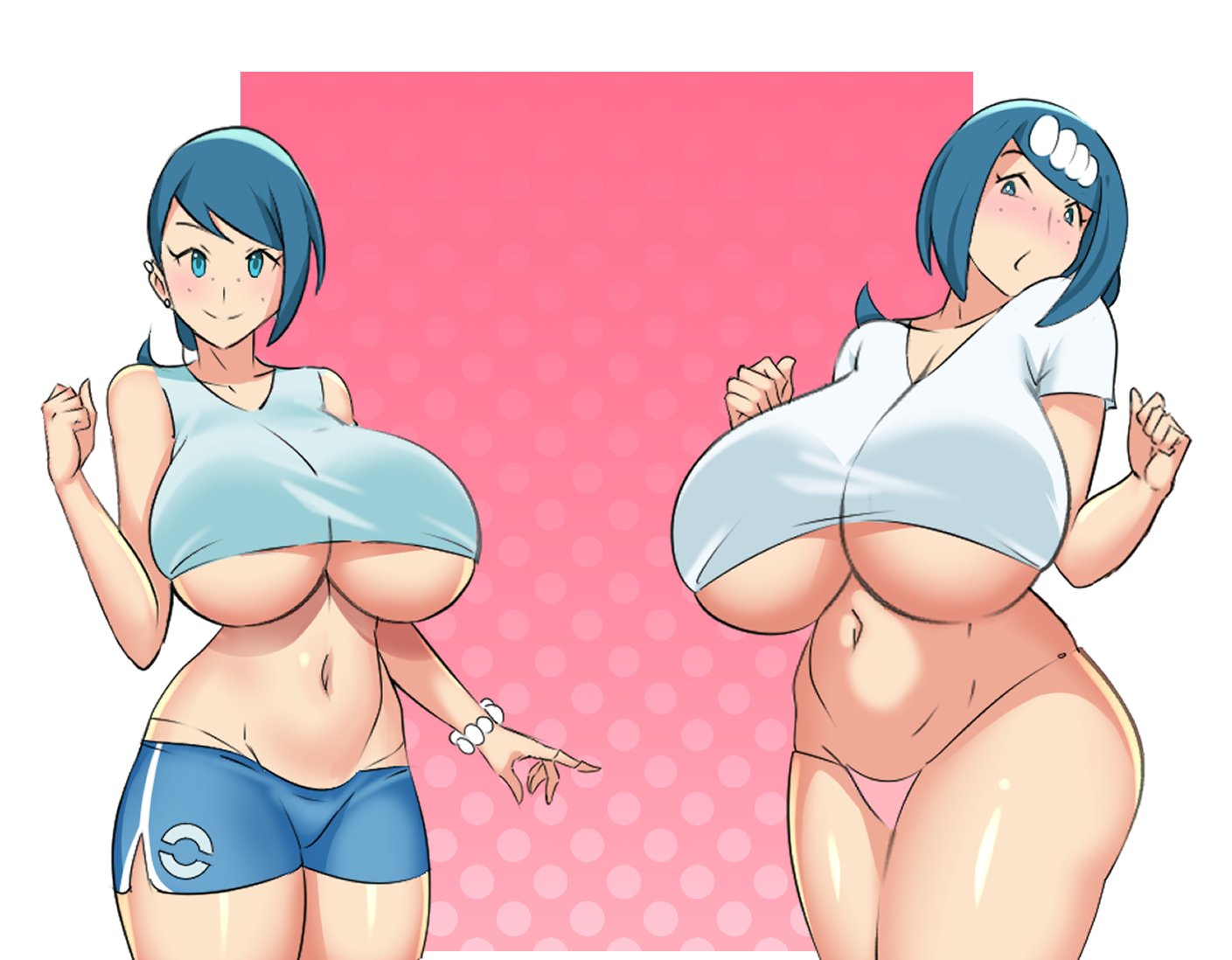 1girls aged_down blue_hair blush freckles huge_breasts lana's_mother_(pokemon) mangakay84 milf nintendo pokemon pokemon_sm smile thick_thighs underboob