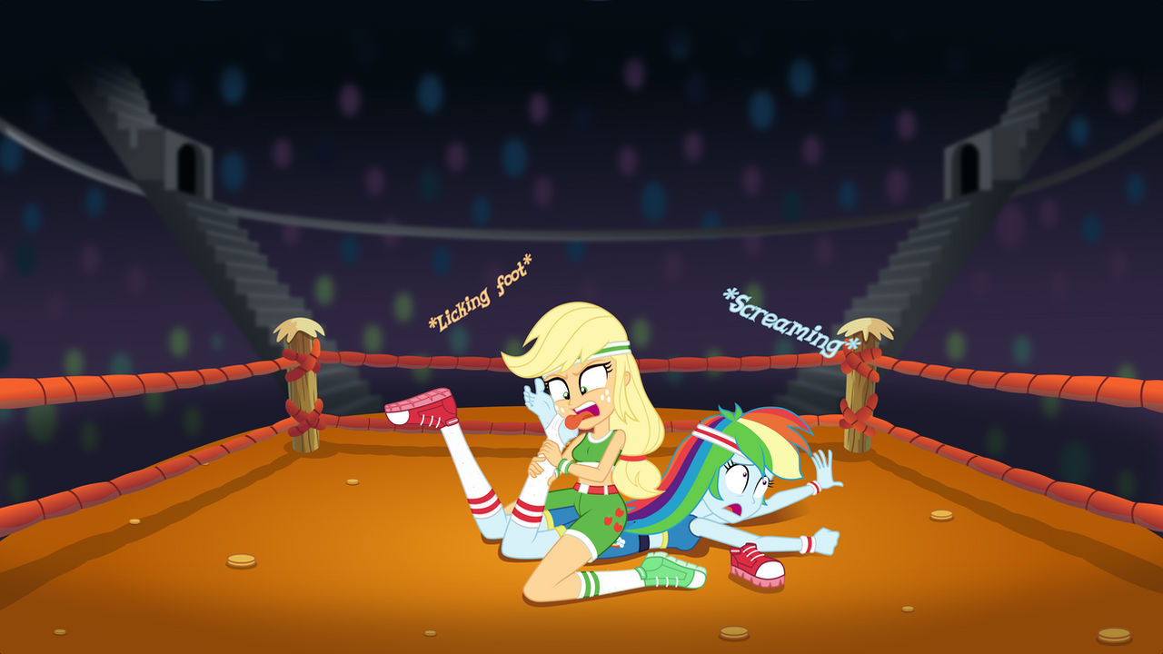 absurdres applejack_(eg) artist_request barefoot equestria_girls foot_fetish foot_focus foot_lick foot_worship highres licking_foot licking_sole rainbow_dash_(eg) screaming shoe_removed sitting_on_person spongebob_reference stirrup_legwear this_is_personal toeless_legwear wrestling