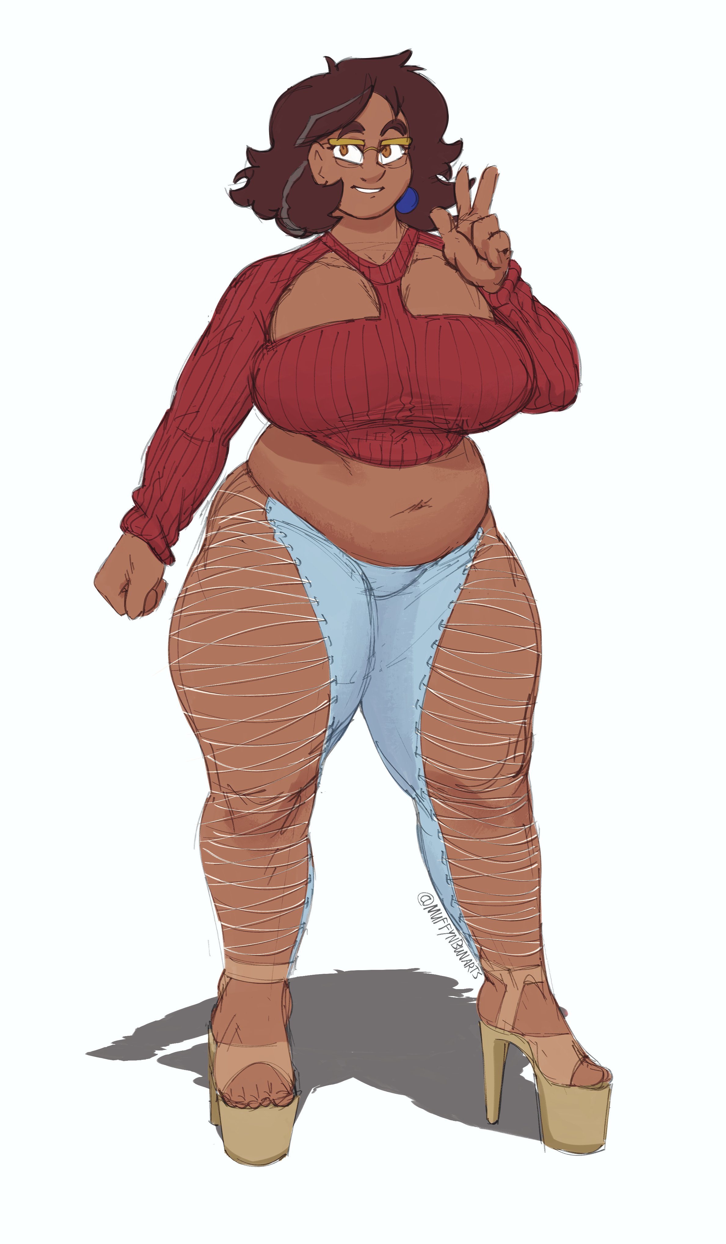 1girls, brown hair, camila noceda, chubby, chubby female, clothed, clothing, dark skin, dark-skinned female, disney, disney channel, fat, female, female only, glasses, high heels, latina, mature female, milf, mother, muffynbunarts, platform heels, revealing clothes, simple background, solo, solo female, straight hair, the owl house