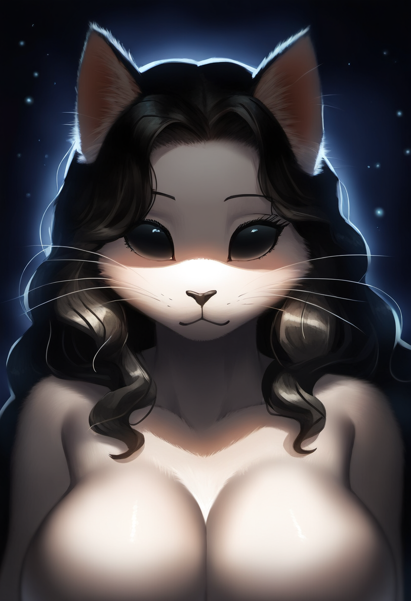 ai_generated alien anthro anthro_female black_eyes black_hair cat_ears cleavage curly_hair featureless_breasts felid feline female_focus female_only furry_female furry_focus large_breasts long_hair looking_at_viewer mature_female whiskers white_body white_fur