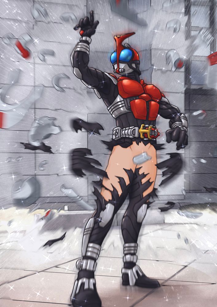 1boy arm_up armor armored_male beetle belt blue_eyes bodysuit censored censored_penis convenient_censoring cracked_floor exploding_clothes explosion exposed_skin finger_up grey_wall hand_up helmet highres kamen_rider kamen_rider_kabuto kamen_rider_kabuto_(series) male male_focus male_only mask masked masked_male pointing pointing_up red_armor rhinoceros_beetle ripped_bodysuit sparkles stone_wall torn_bodysuit