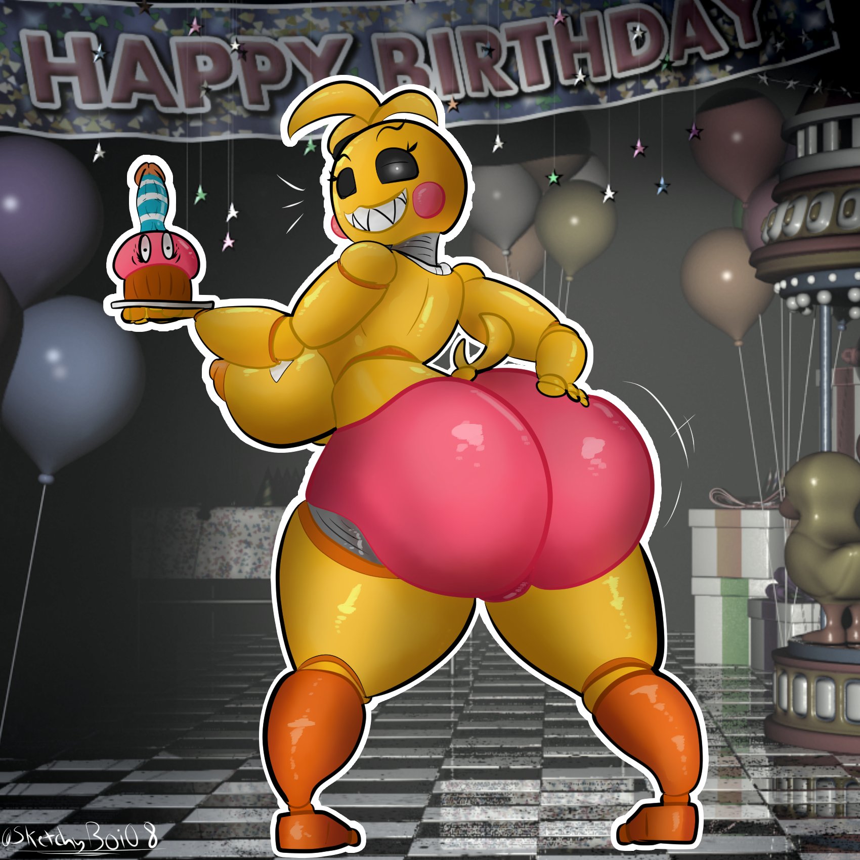 ass, back view, big ass, big breasts, black sclera, booty shorts, breasts, color, cupcake (fnaf), female, five nights at freddy's, five nights at freddy's 2, huge ass, huge breasts, sketchyboi08, smile, solo, tagme, thick thighs, toy chica (fnaf), watermark, yellow skin