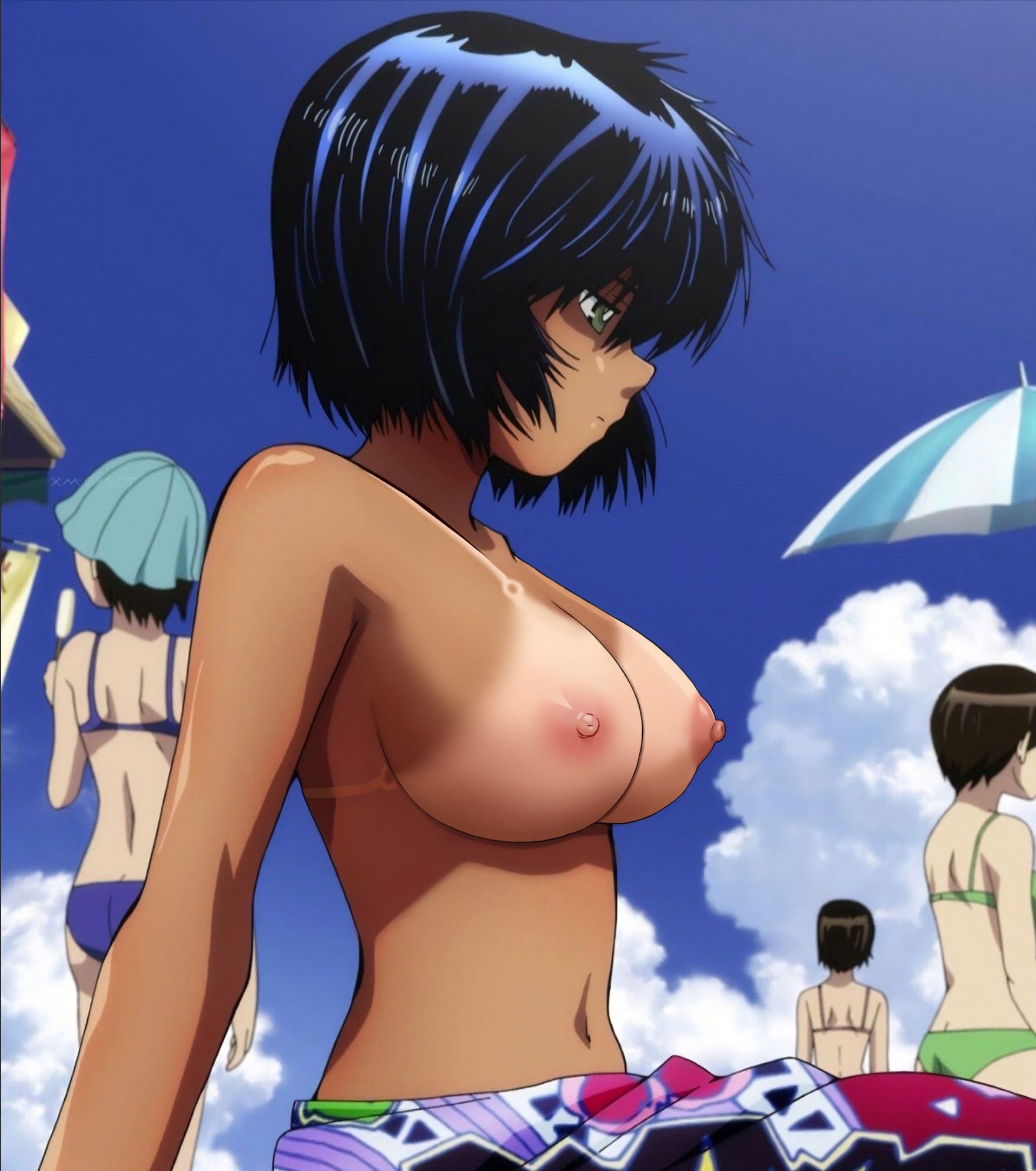 1girls, big breasts, bikini top, black hair, breasts, female, green eyes, mysterious girlfriend x, nazo no kanojo x, nipples, sunbathing, tan body, tan skin, tan-skinned female, tanline, topless, urabe mikoto
