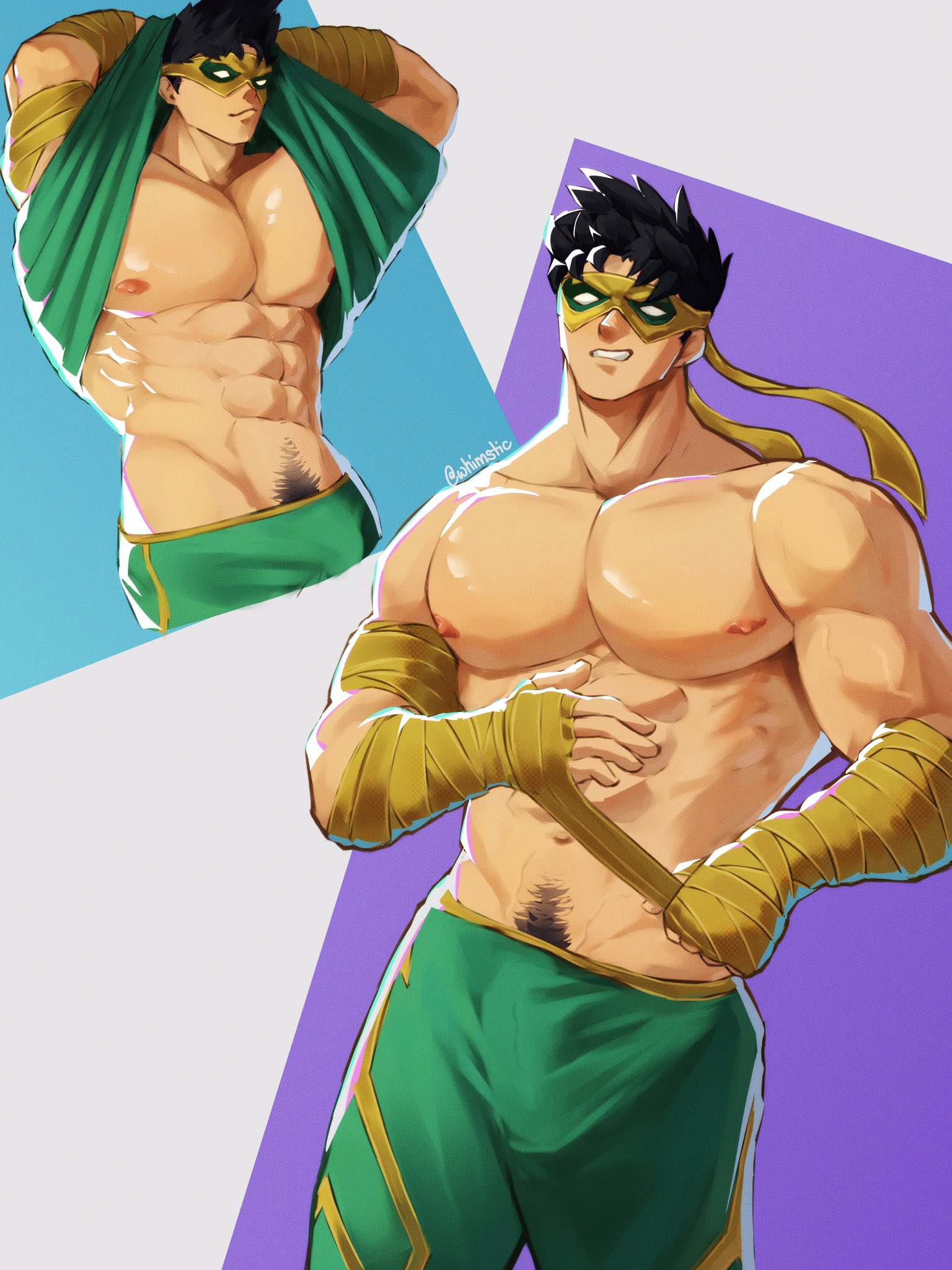 1boy, abs, bara, big pecs, iron fist, iron fist (marvel rivals), lin lie, male, male only, marvel, marvel rivals, muscular, muscular male, nipples, pecs, pectorals, pubes, pubic hair, pubic hair peek, solo, watermark, whimstic