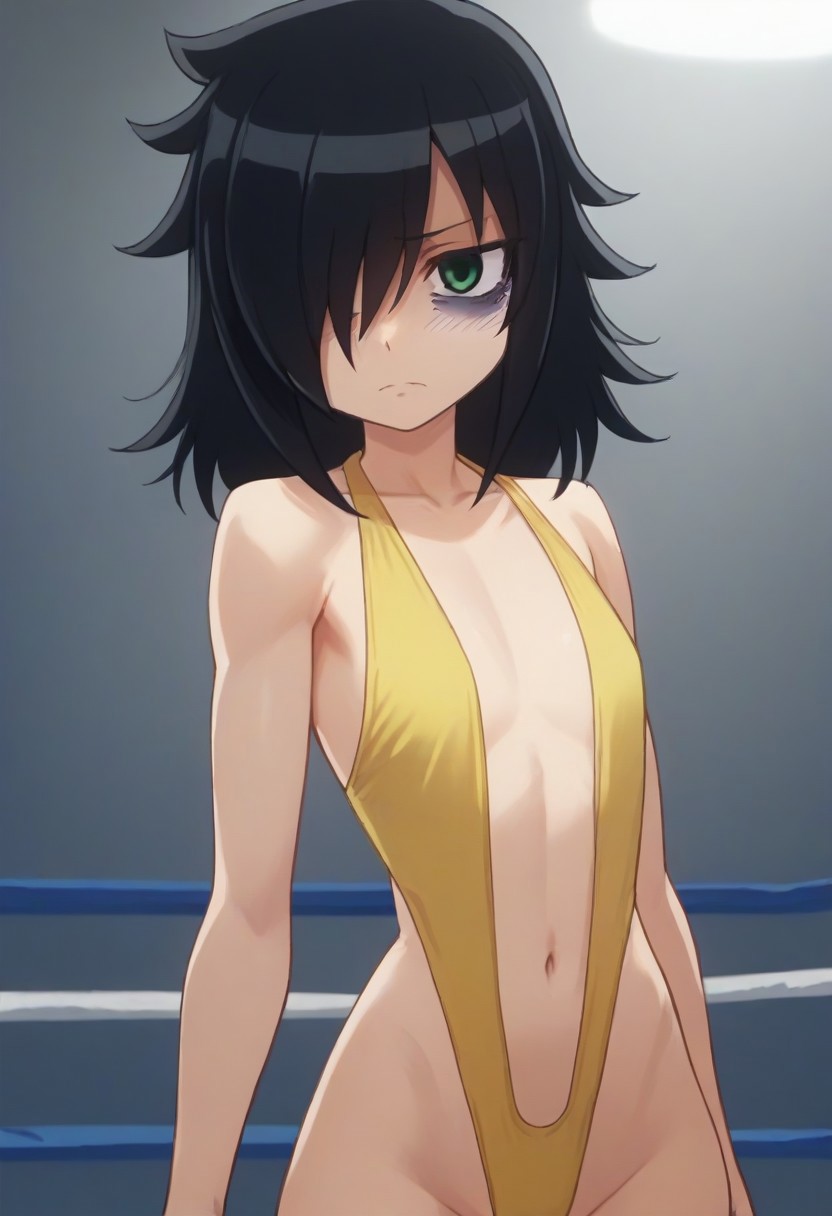 1girls ai_generated autism autistic autistic_female bags_under_eyes belly_button black_hair emerald_eyes femcel flat_chest frown frowning frowning_at_viewer kuroki_tomoko looking_at_viewer loser messy_hair navel skinny skinny_girl sling_bikini teen_girl teenage_girl teenager watashi_ga_motenai_no_wa_dou_kangaetemo_omaera_ga_warui! wrestling_ring