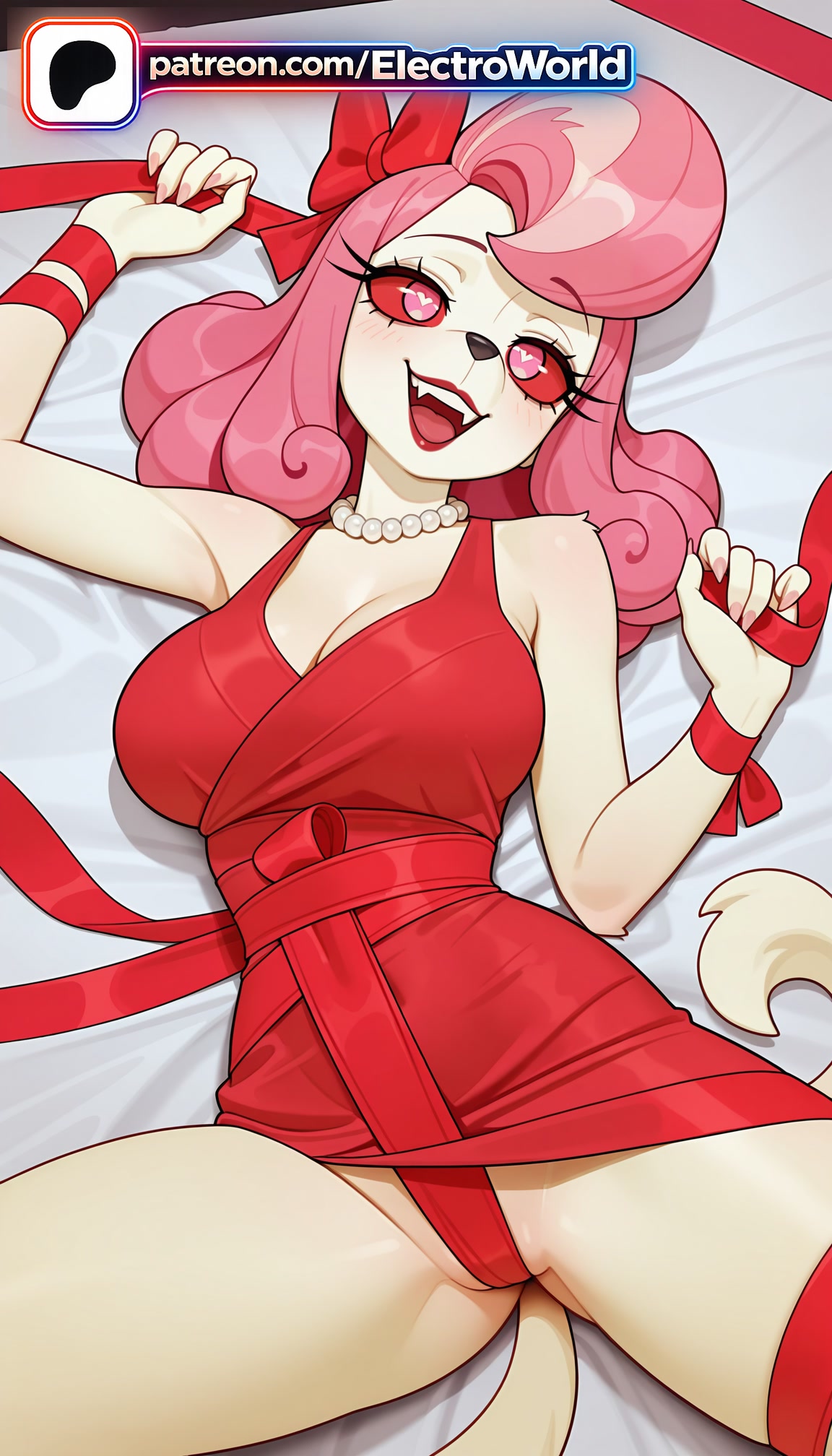 1girls 2026 ai_generated artist_name bow breasts bust chest electroworld fangs female helluva_boss hi_res high_quality high_resolution highres laying_down legs_apart legs_spread long_hair looking_at_viewer lying_on_back on_back open_legs open_mouth patreon patreon_username pink_hair red_bow red_ribbon ribbon smile solo splayed_legs spread_legs stable_diffusion tail vikki_(helluva_boss) watermark