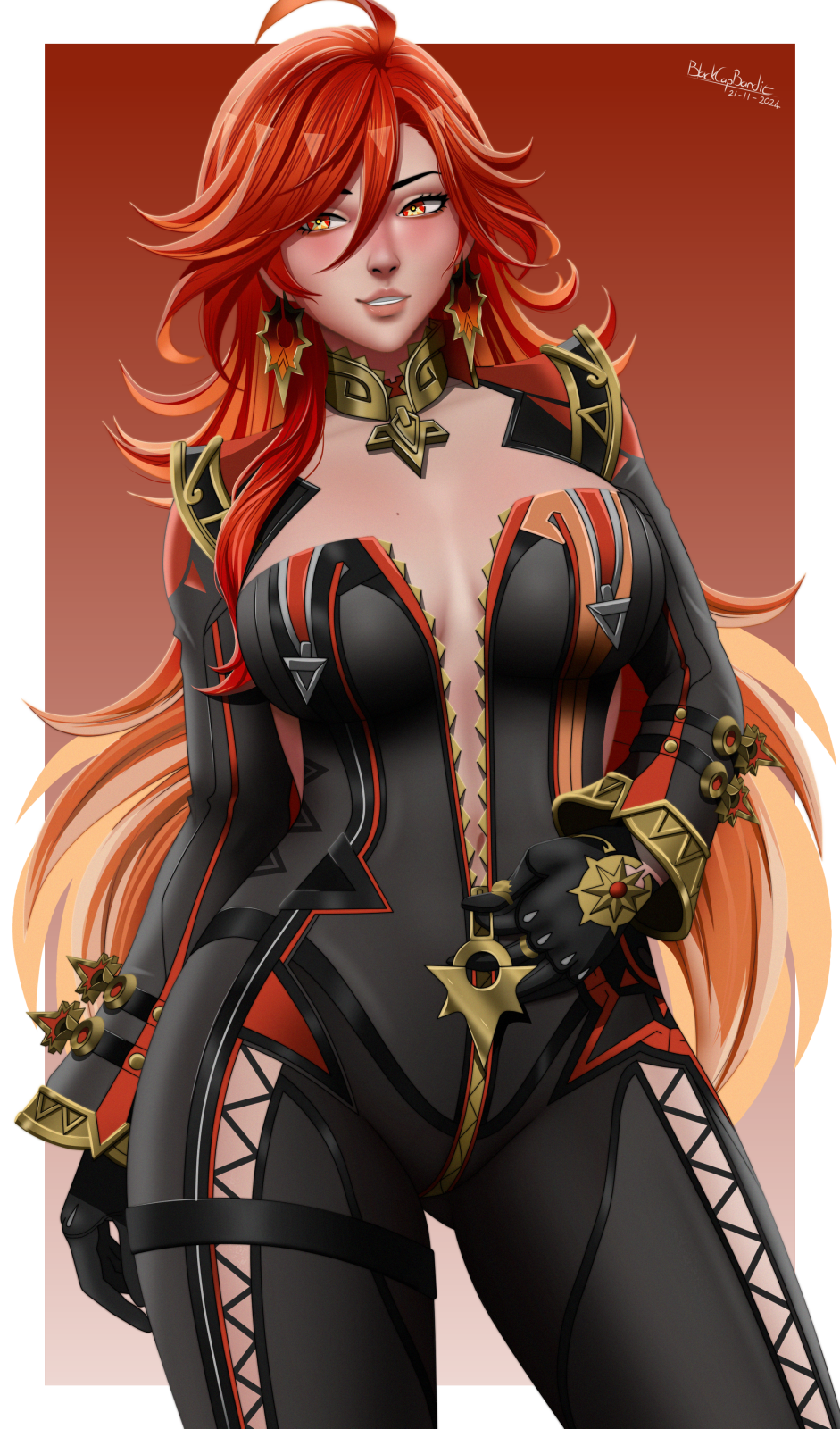 basic_background biker_clothes blackcapbandit cleavage fanart genshin_impact long_hair mavuika_(genshin_impact) pinup red_eyes red_hair zipper_down