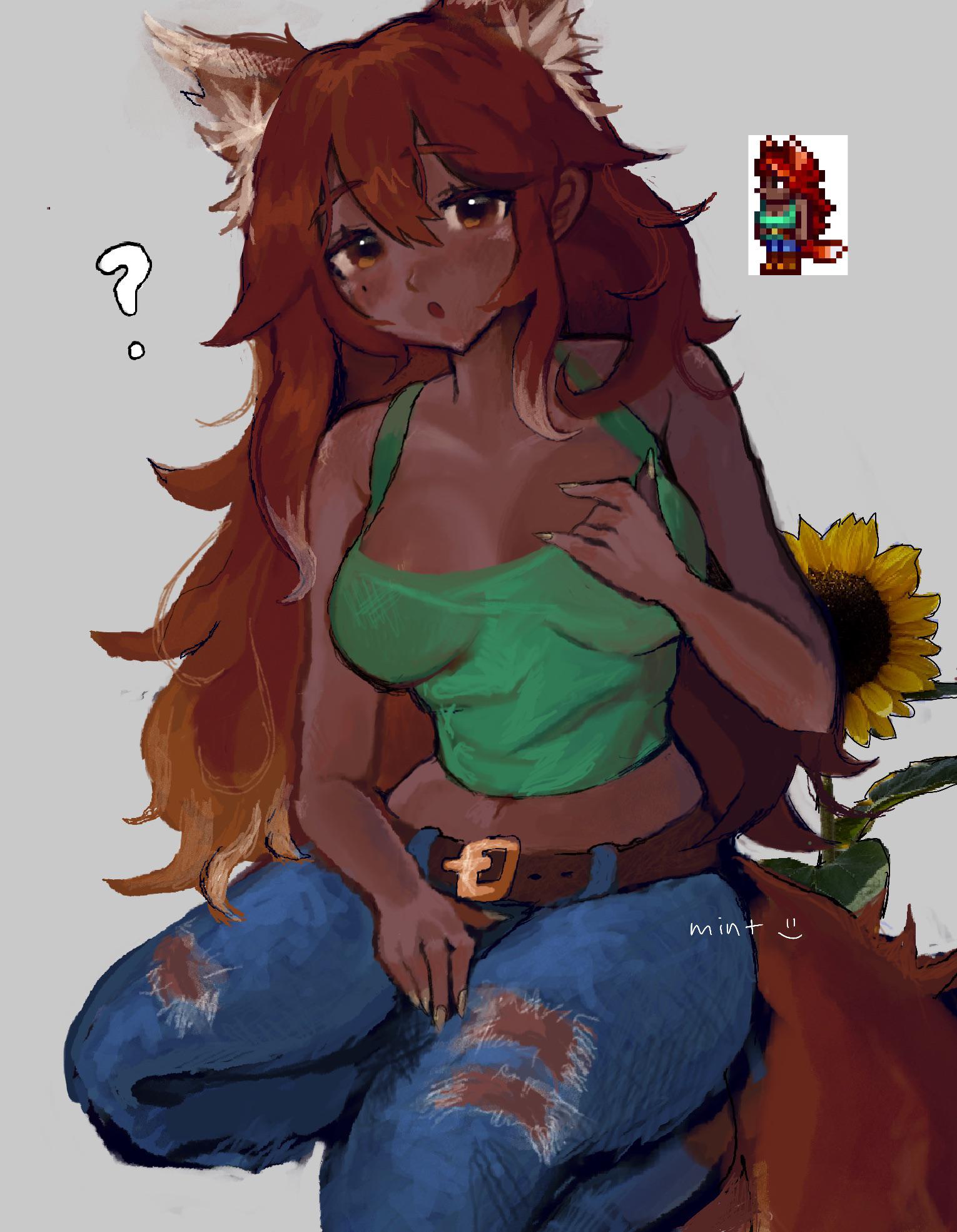 belly big_breasts breasts clothed dark_skin fluffy_hair fox_ears fox_tail jeans long_hair red_hair tank_top terraria zoologist_(terraria)