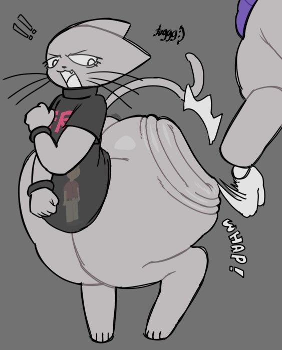 animal_legs big_butt big_thighs black_shirt furry grey_fur spanking tika_(tuggg) tuggg watermark whiskers