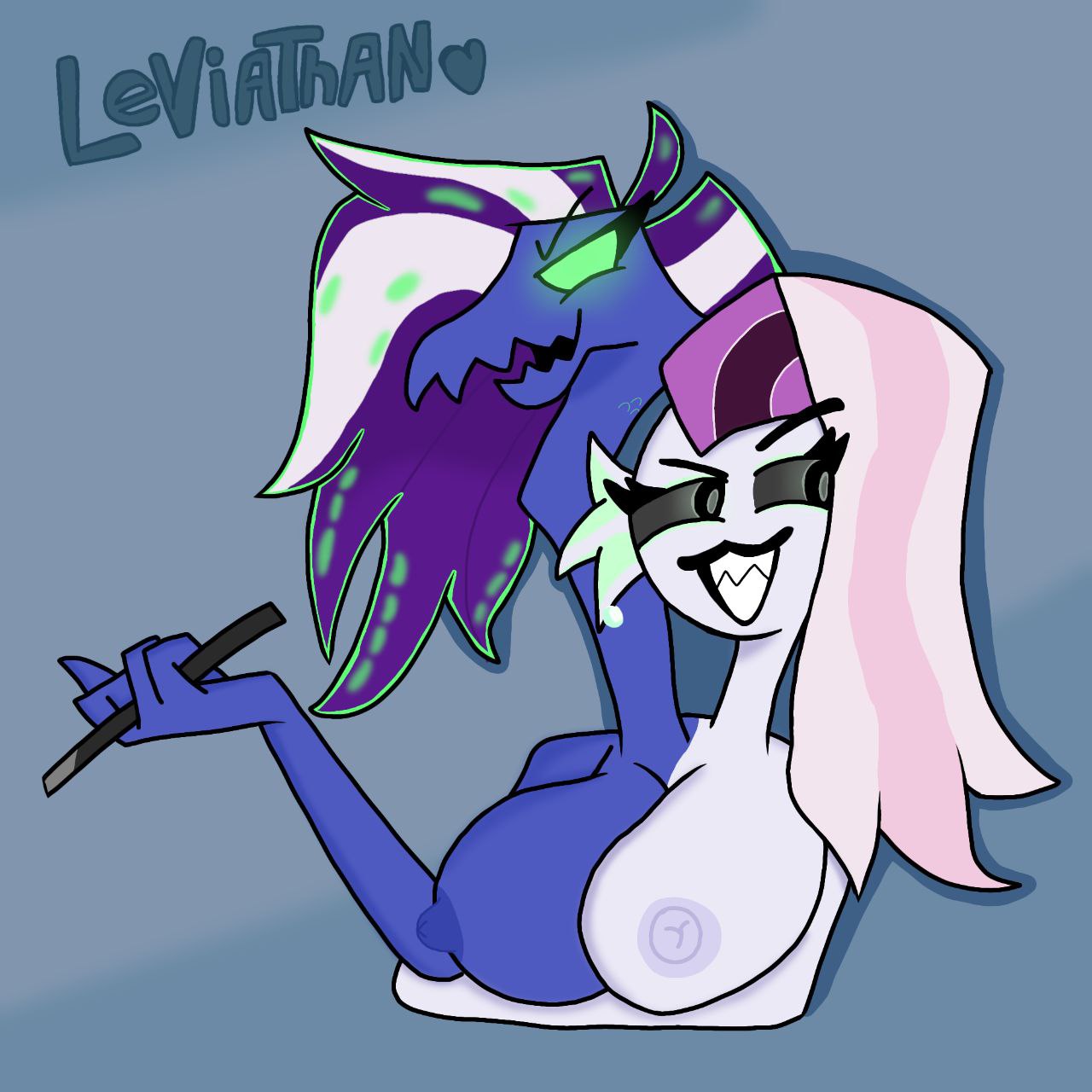 2_heads anthro big_breasts blue_body blue_hair boss) breasts claws conjoined demon demon_humanoid green_eyes helluva_boss leviathan_(helluva multi_head multicolored_body prostochel40 prostochel40_(artist) smug_face two_tone_body