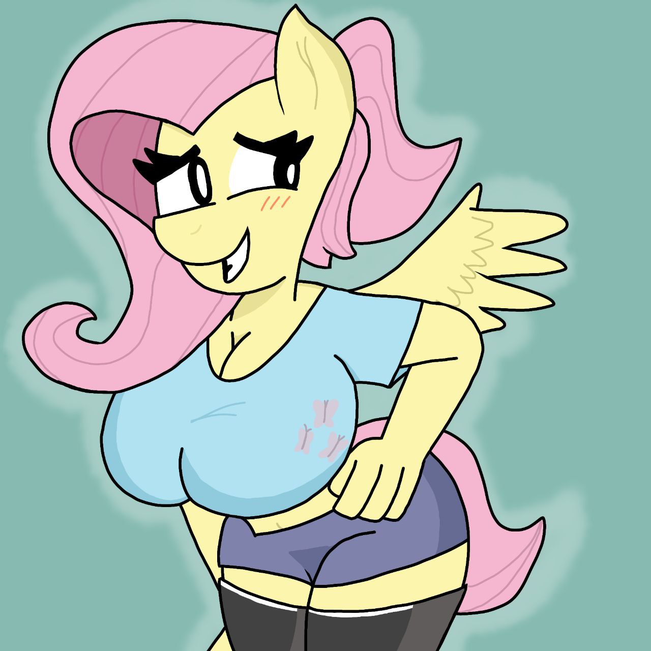 1girls anthro big_breasts breasts_bigger_than_head clothes dressed fluttershy_(mlp) friendship_is_magic furry furry_female furry_only large_breasts my_little_pony my_little_pony pony prostochel40 prostochel40_(artist) short_shorts smile stockings tail topic wings