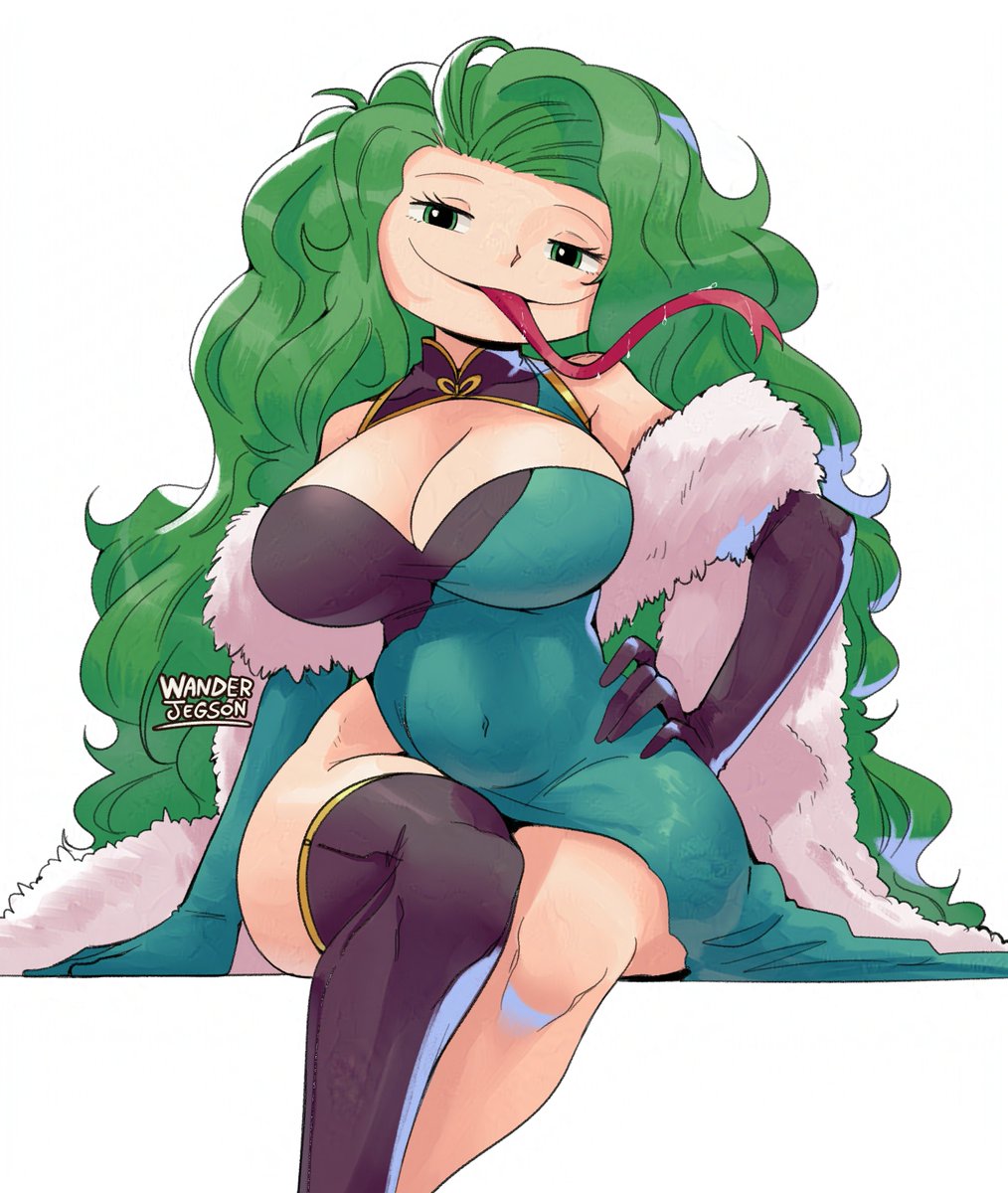 1girls alternate_outfit artist_name asymmetrical_gloves big_head boa_(clothing) boa_sandersonia female forked_tongue gloves green_eyes green_hair huge_breasts long_hair long_tongue looking_at_viewer one_piece smiling smiling_at_viewer tongue tongue_out wanderjegson wide_face wide_hips