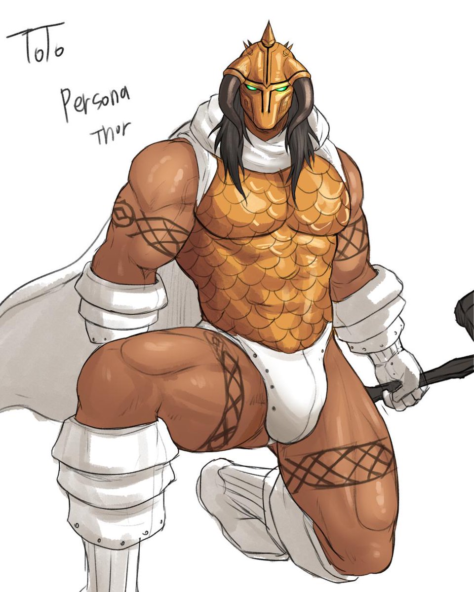 balls bara bulge flaccid male male_only megami_tensei muscles muscular on_one_knee penis shin_megami_tensei solo solo_male thor_(megami_tensei) toto_(artist)