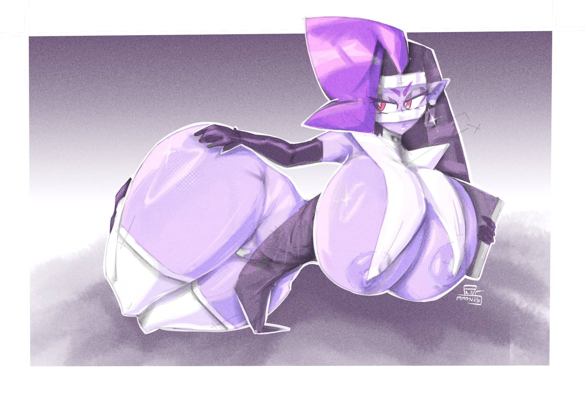 alesmadness1, ass, big areola, brawl stars, breasts, covered pussy, disgusted, disgusted expression, emz (brawl stars), female, huge breasts, massive ass, nun, nun outfit, nun's habit, purple hair, purple skin, pussy, red eyes, zombie girl