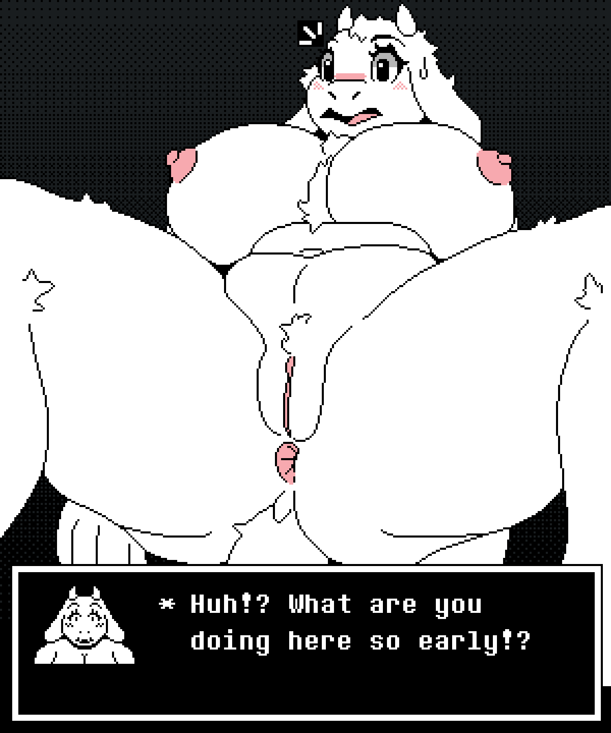 5:6 anthro anus ass big_butt blush bodily_fluids bovid breasts caprine digital_media_(artwork) english_text female fur genital_fluids genitals goat hi_res horn mammal mature_anthro mature_female mertvykhcrows nipples nude open_mouth pixel_(artwork) simple_background solo text toriel undertale undertale_(series) white_body white_fur