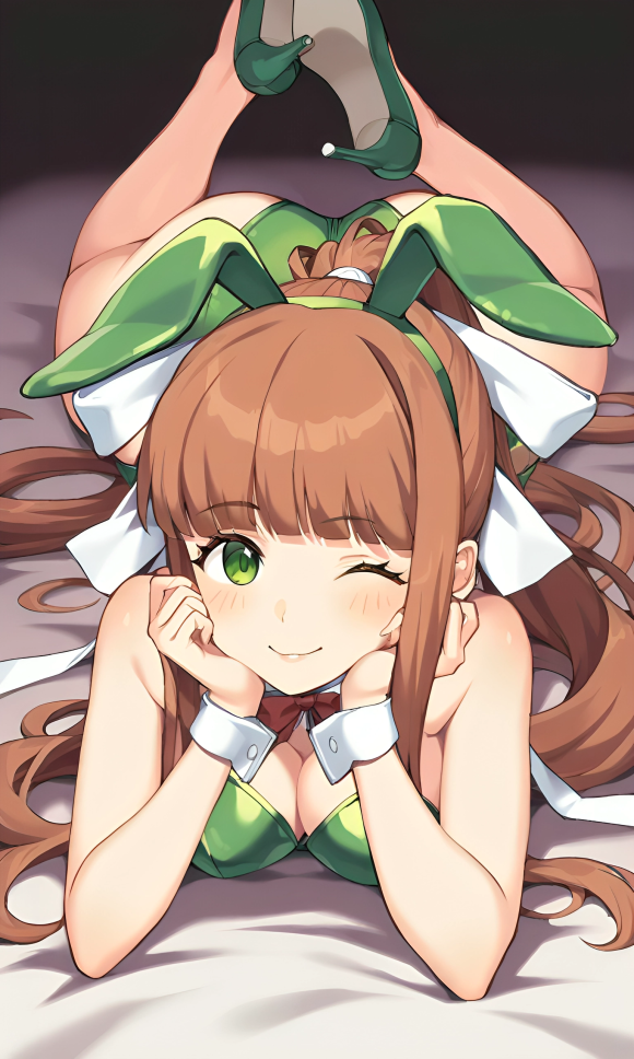 ai_generated bangs bed blush bow_in_hair bunny_ears bunnysuit clothed cufflink doki_doki_literature_club female female green_bunnysuit green_eyes green_heels green_leotard laying_on_stomach long_hair monika_(doki_doki_literature_club) on_bed pixai ponytail red_bowtie sidelocks smile white_bow winking_at_viewer