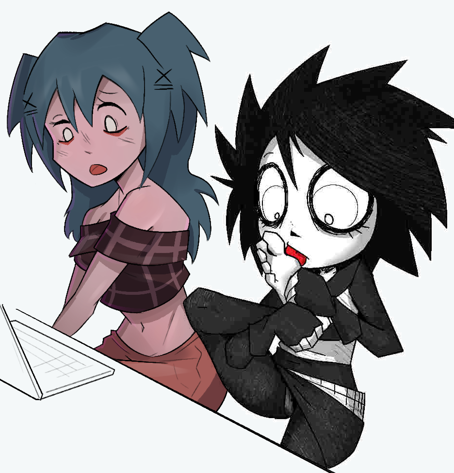 2girls absurd_res artist_request challenge confused_look dark_hair feet_up female_focus foot_fetish foot_focus foot_lick foot_licking foot_play goth_girl green_hair hi_res i_can't_sleep lacey_(lacey_games) lacey_games laptop licking_feet licking_foot nia_(i_can't_sleep) self_foot_worship tongue_out white_background