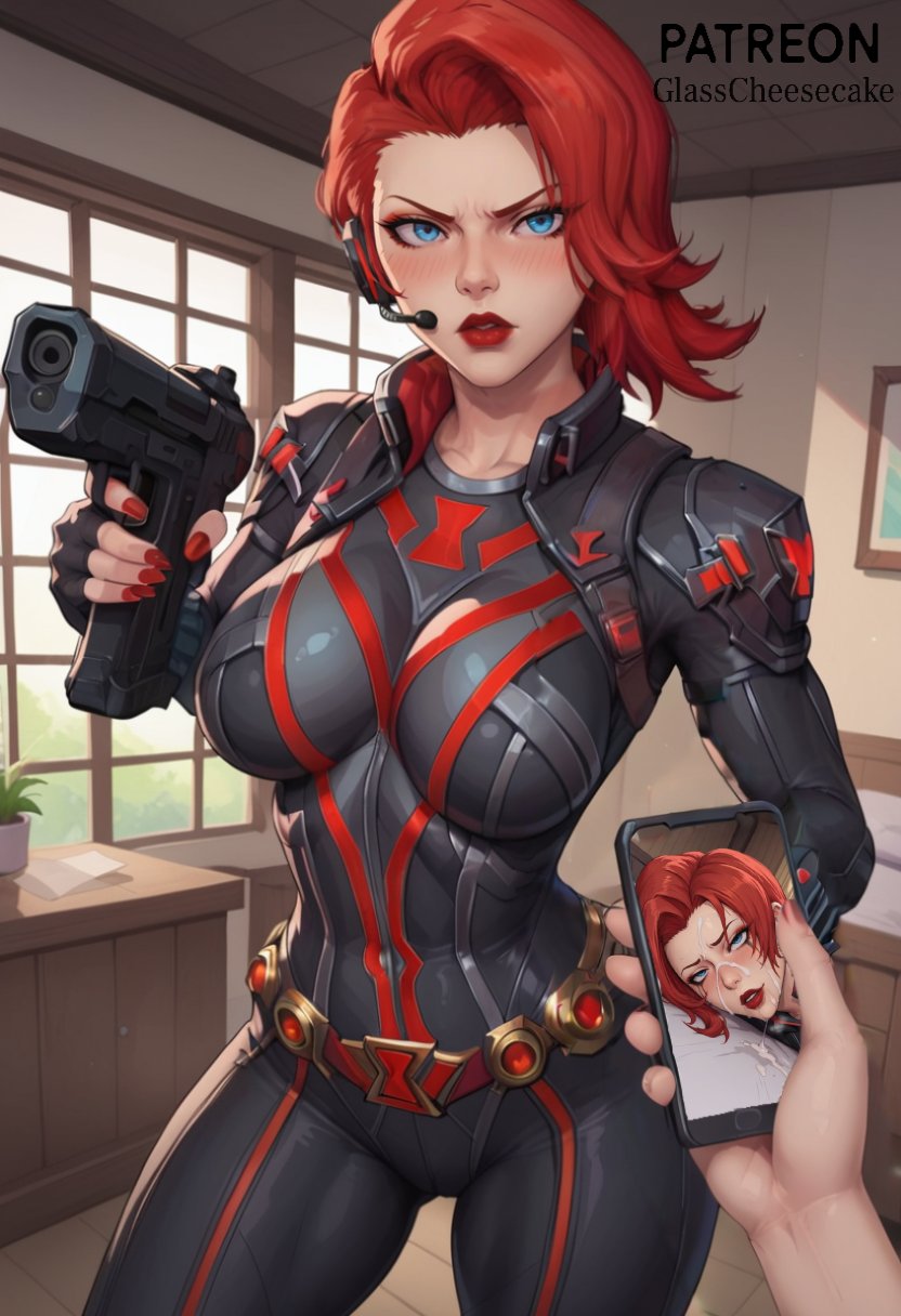 ahe_gao ai_generated big_breasts black_widow_(marvel) blackmail blue_eyes blush bodysuit cum cum_on_face curvy embarrassed facial female glasscheesecake gun gunpoint headset looking_at_viewer marvel marvel_comics marvel_rivals medium_hair nail_polish patreon patreon_logo patreon_username pov red_hair red_nails thick_thighs weapon