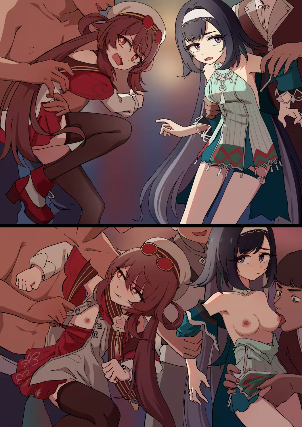 2girls 3boys areolae bad_end breasts brown_hair captured defeated defeated_heroine female female_focus gangbang genshin_impact group group_sex headwear hi_res highres hu_tao_(cherries_snow-laden)_(genshin_impact) hu_tao_(genshin_impact) lan_yan_(genshin_impact) light-skinned_female light_skin long_hair male mihoyo multiple_boys multiple_girls nipples small_breasts sunglasses sunglasses_on_head yamomo yamomono