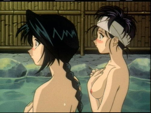 2girls black_hair braid breasts female human kaoru_kamiya kunoichi large_breasts long_hair misao_makimachi multiple_girls ninja nipples nude onsen pale-skinned_female pale_skin rurouni_kenshin shounen_jump tagme towel towel_on_head