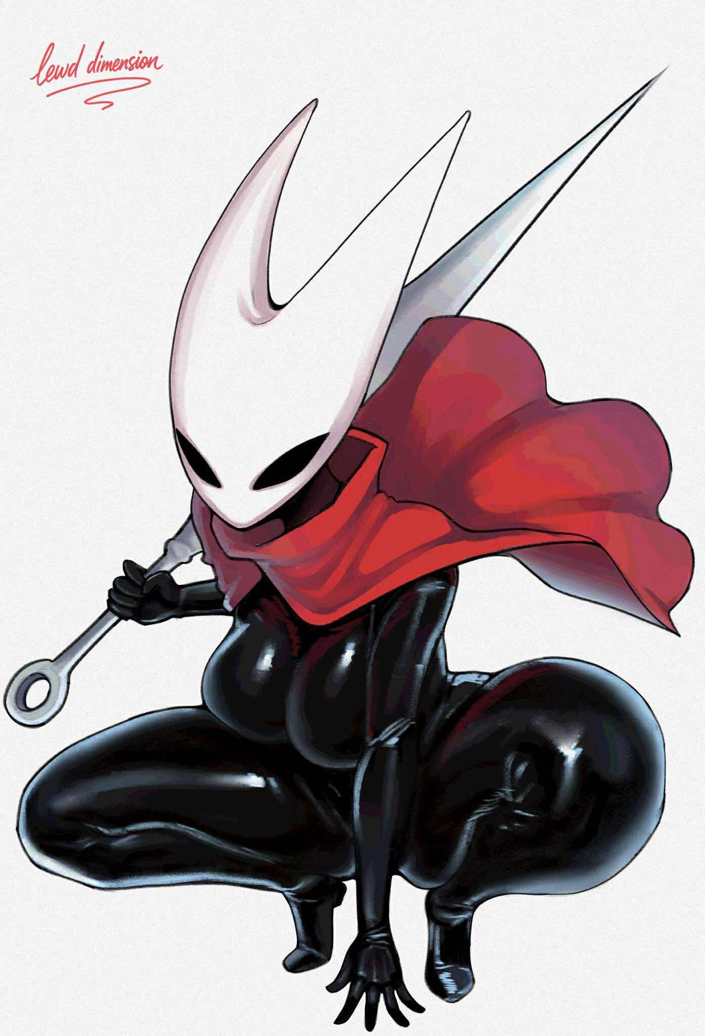 bodysuit, clothing, crouching, female, hollow knight, hollow knight: silksong, hornet (hollow knight), jpeg, lewddimension, nonsexual, outerwear, shiny clothes, weapon