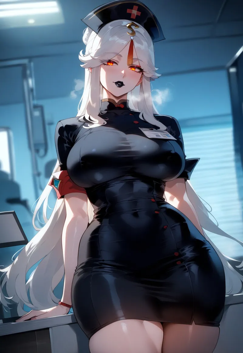 ai_generated big_ass big_breasts black_lipstick bubble_butt fat_ass genshin_impact goddess heavenly_ass hospital lipstick ningguang_(genshin_impact) nurse nurse_uniform seductive seductive_look sexy voluptuous voluptuous_female