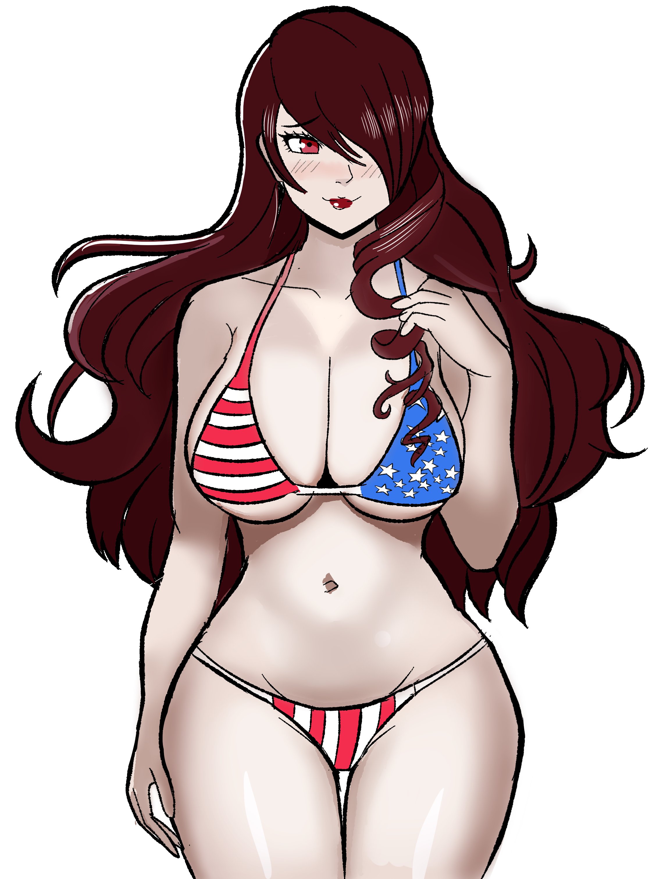 american flag bikini, artist request, big breasts, bikini, blush, breasts, clothed, clothed female, female, female only, huge breasts, long hair, mitsuru kirijo, persona, persona 3, pinup, red hair, solo, solo female, thick thighs